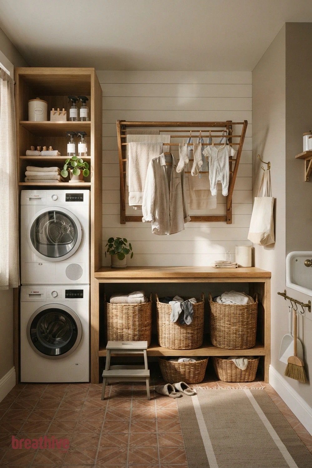 Use a Fold-Down Drying Rack in a thoughtful laundry room