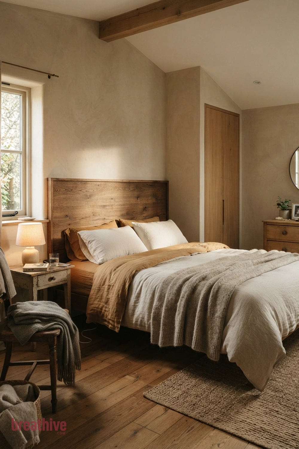 Add Warm Wood Near the Sleeping Zone in a cozy bedroom