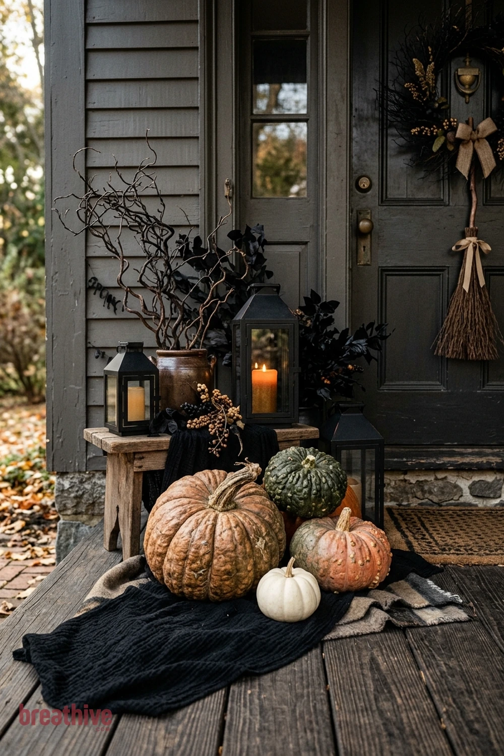 spooky polished Halloween front porch idea with close material study showing seasonal surfaces, textiles, lanterns, foliage, and pumpkin texture