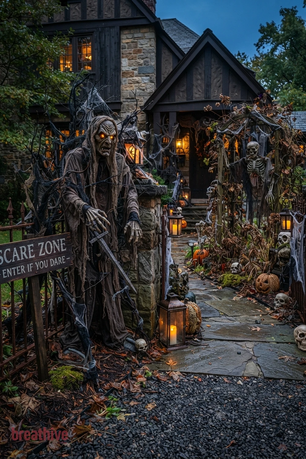 scary theatrical Halloween front yard idea with close-up of outdoor materials, anchors, props, foliage, and finishes that look believable outside