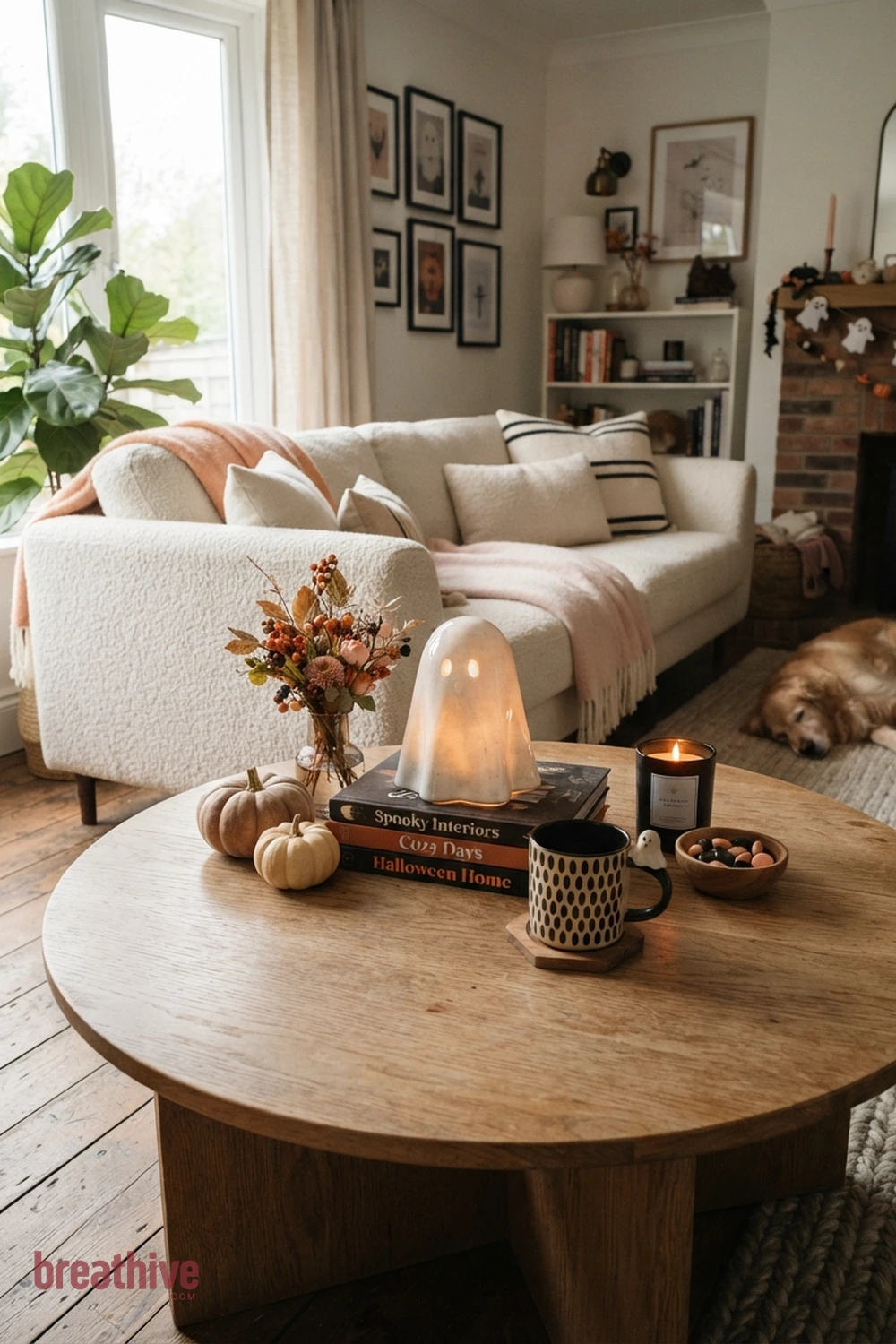 sweet spooky Halloween living room idea with coffee table vignette that leaves usable surface space around seasonal decor