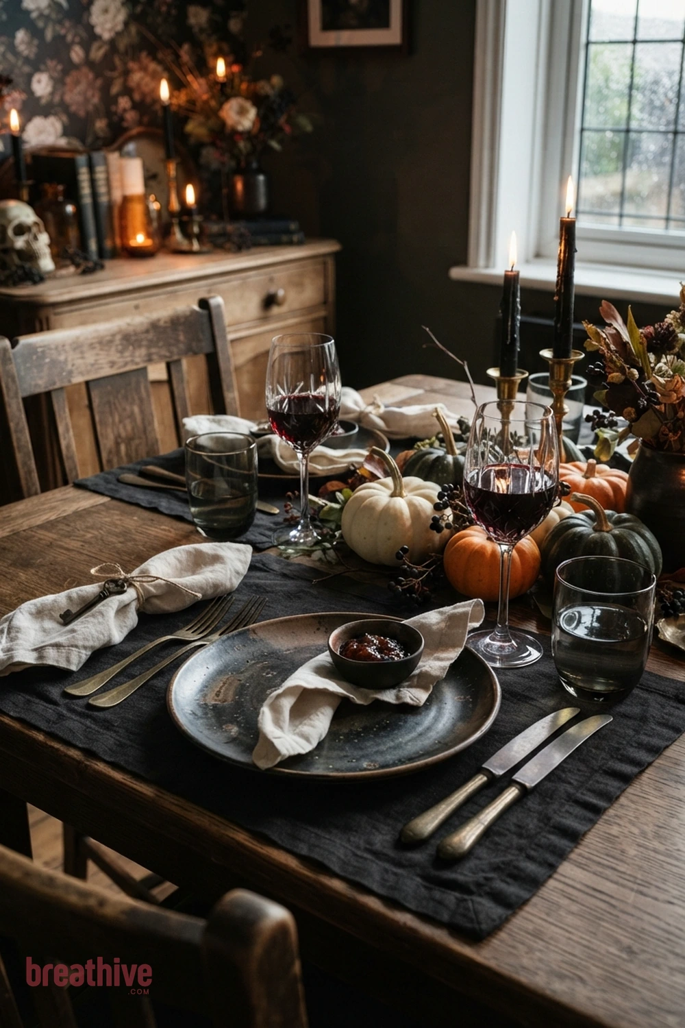 spooky tablescape Halloween dining room idea with close-up of ceramics, glass, textiles, wood, metal, and seasonal texture