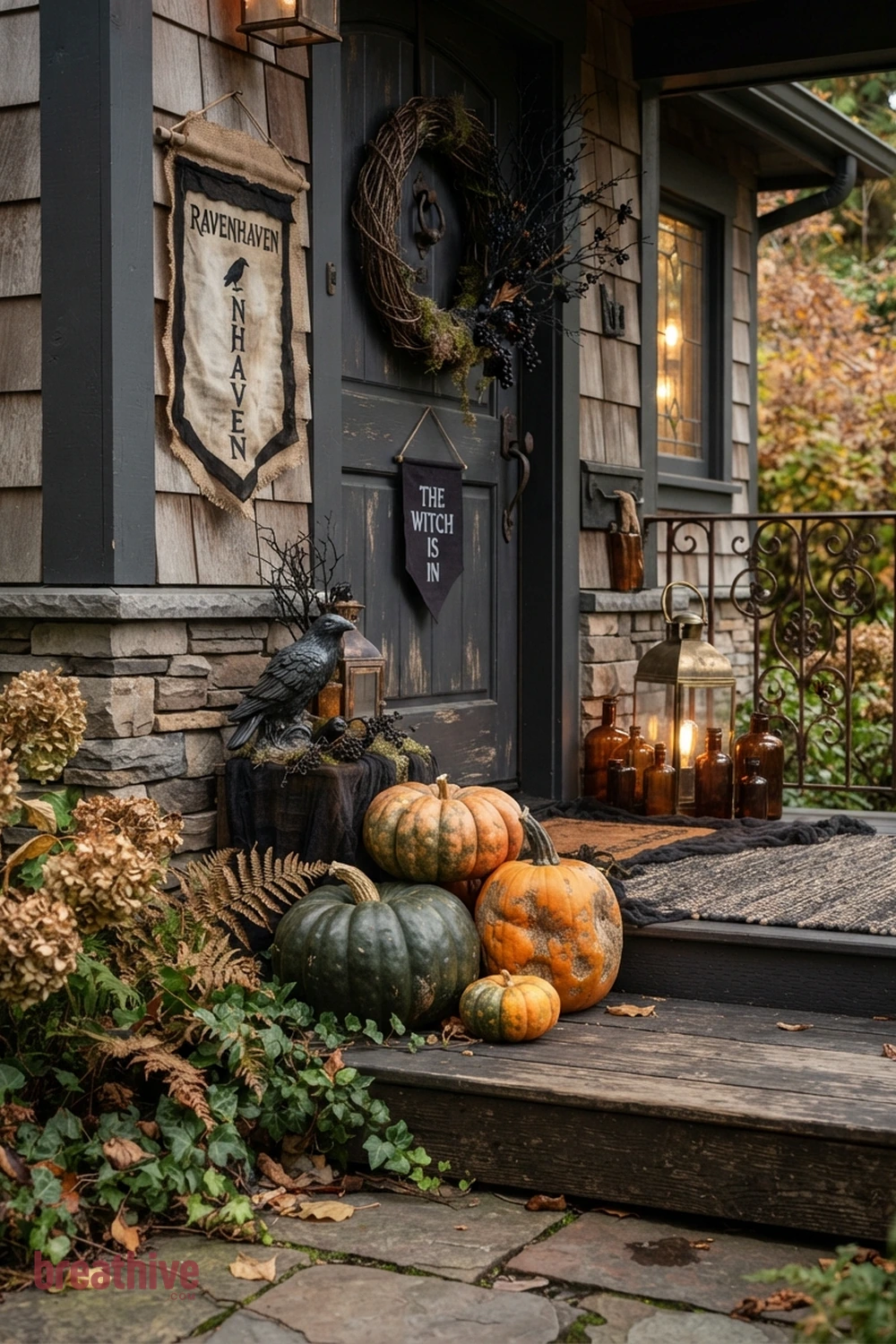 spooky aesthetic Halloween front yard idea with close-up of outdoor materials, anchors, props, foliage, and finishes that look believable outside