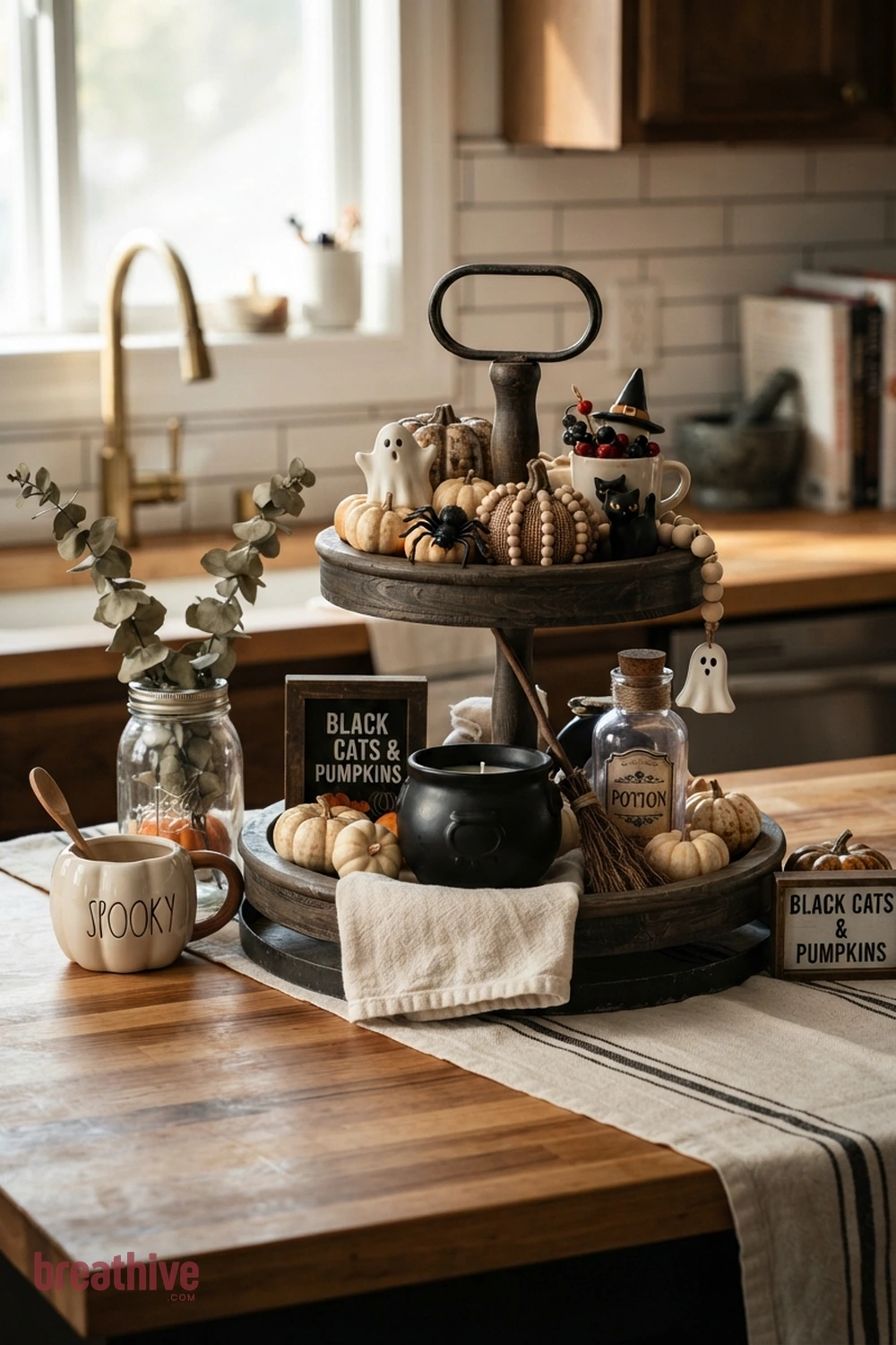 tiered tray Halloween kitchen counter idea with close-up of ceramics, glass, textiles, wood, metal, and seasonal texture
