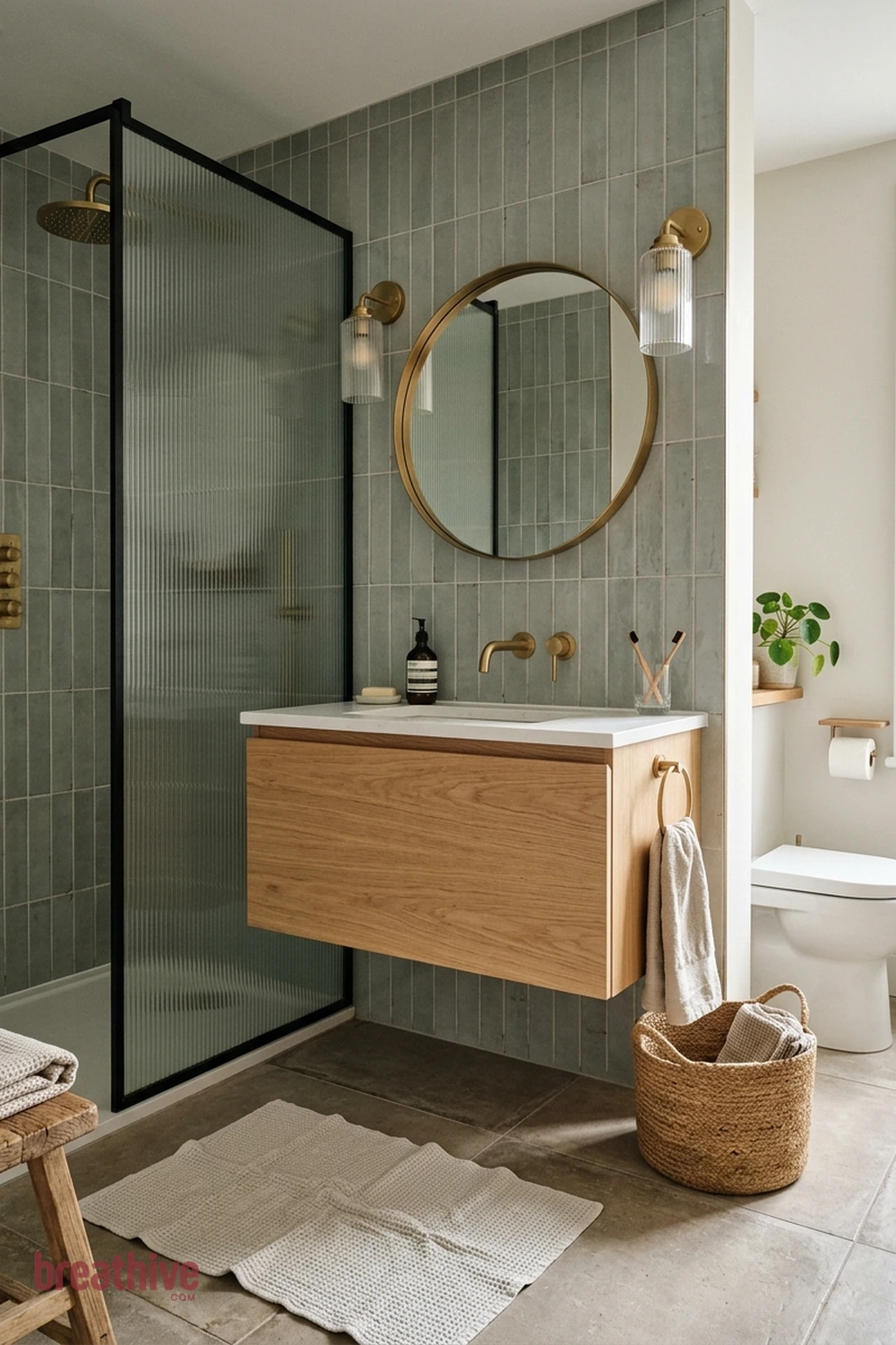 Choose Warm Metal to Soften Cool Tile in a thoughtful bathroom