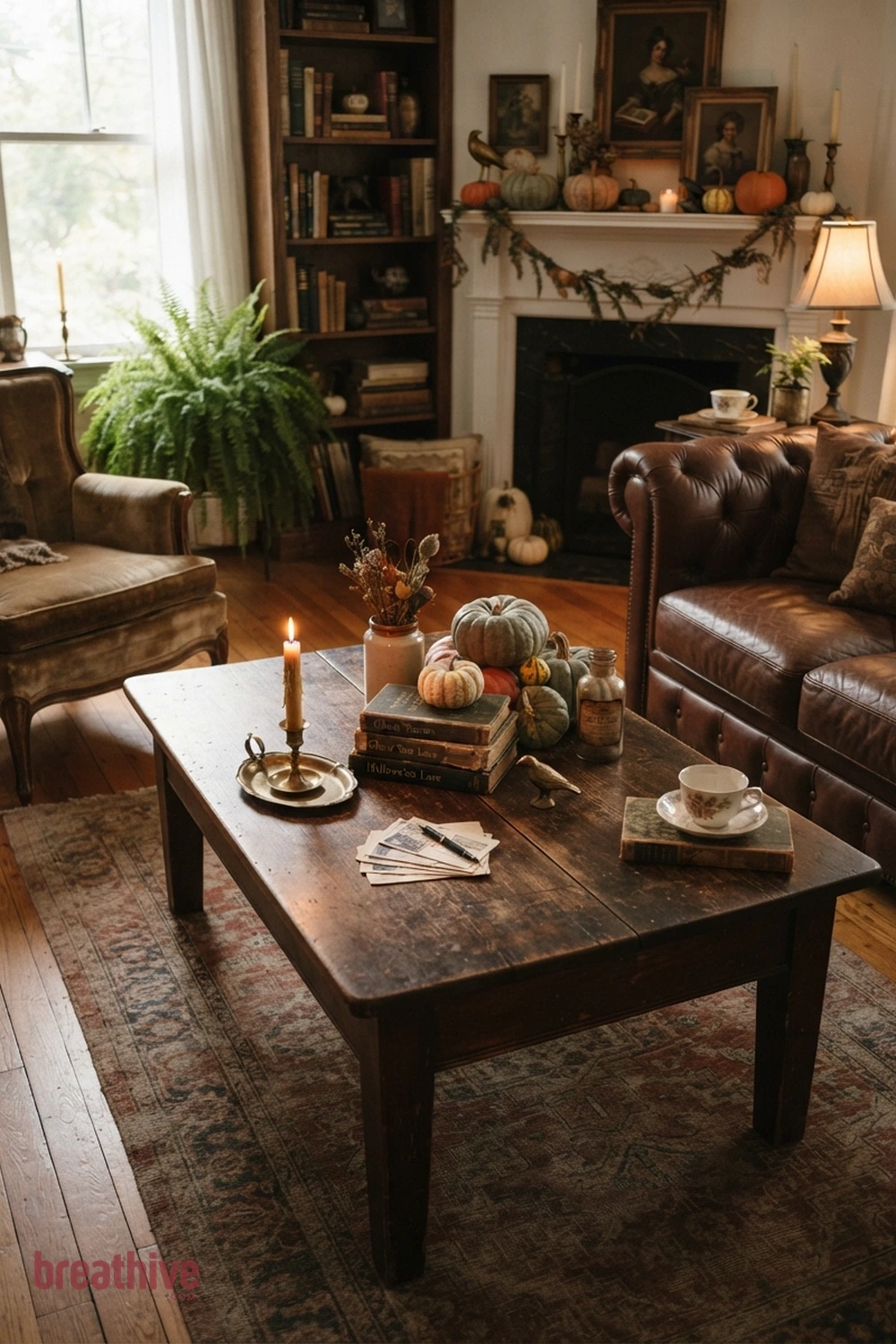 vintage Halloween living room idea with coffee table vignette that leaves usable surface space around seasonal decor