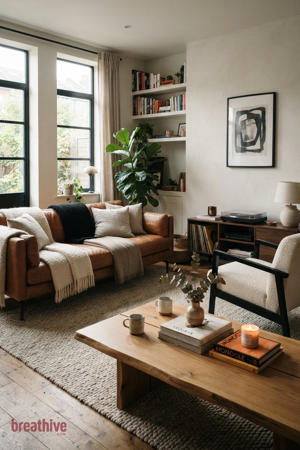 Soft Black, White, and Cognac in a thoughtful living room