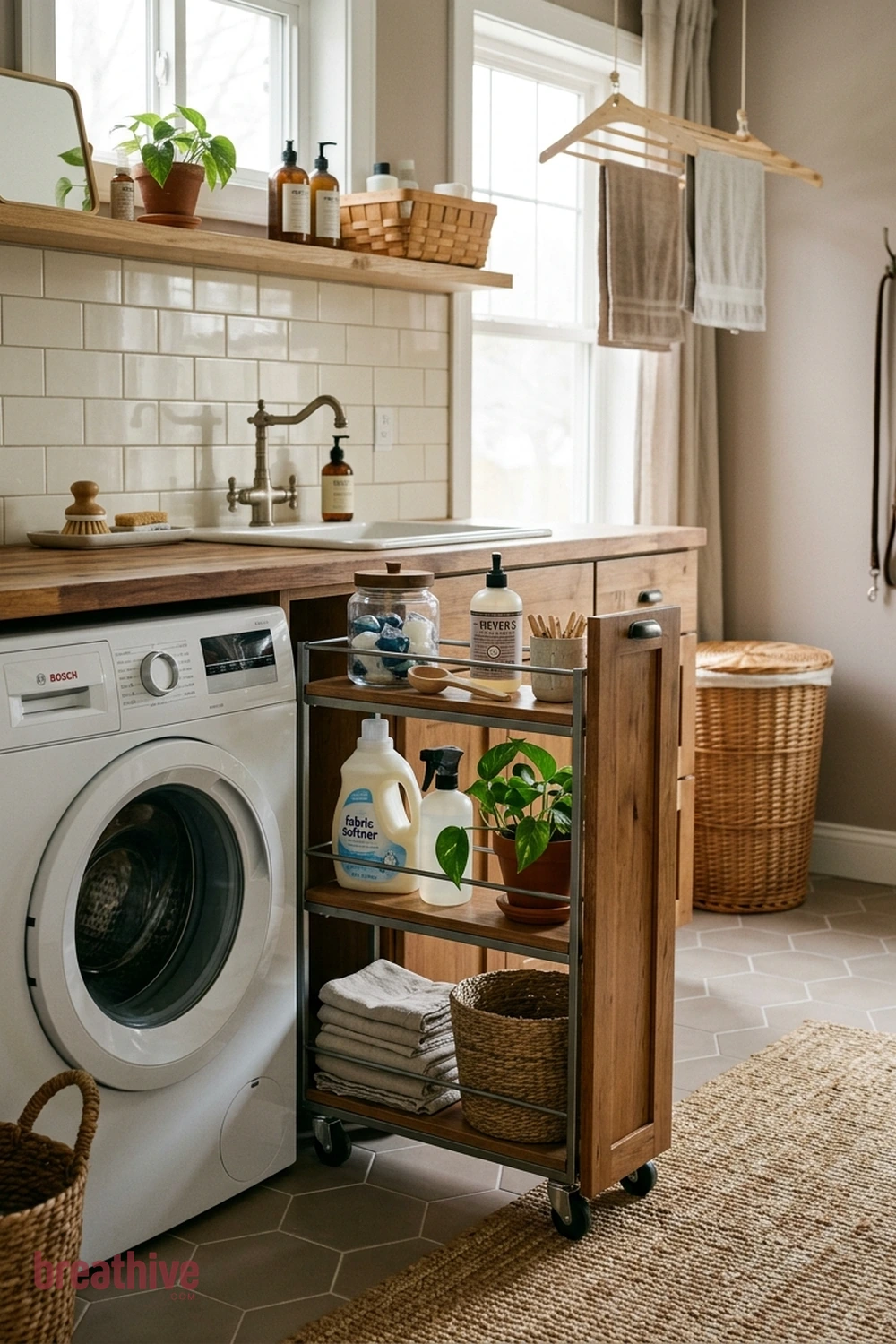 Add a Narrow Rolling Cart Beside the Washer in a thoughtful laundry room