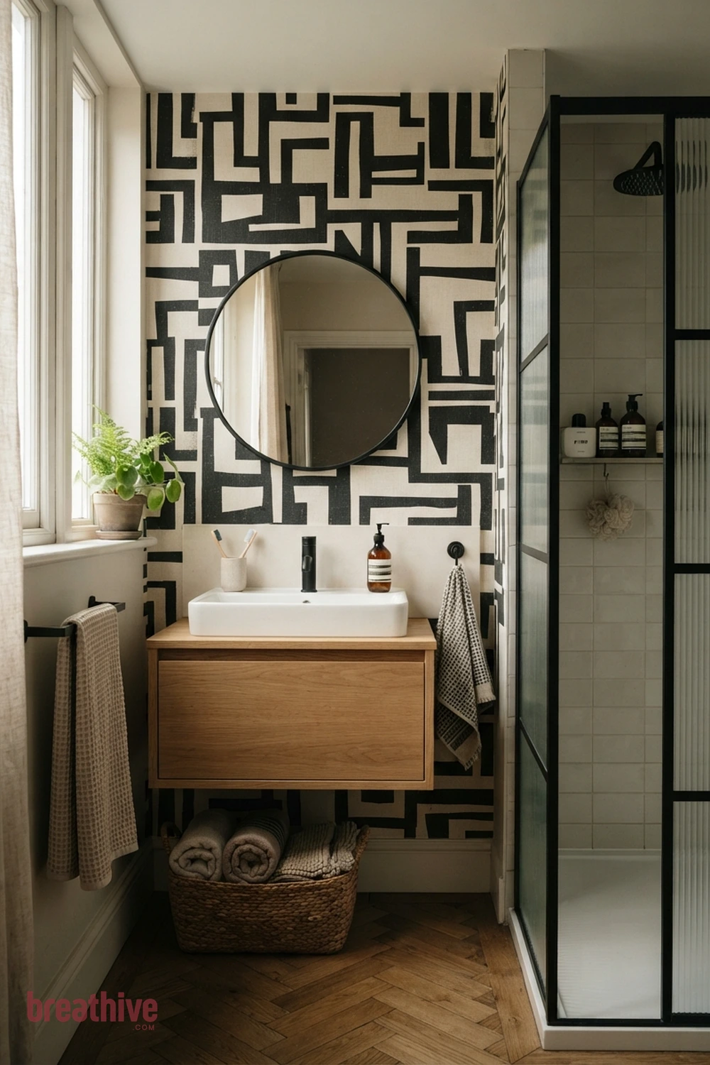 Black-and-Cream Graphic Paper in a thoughtful bathroom