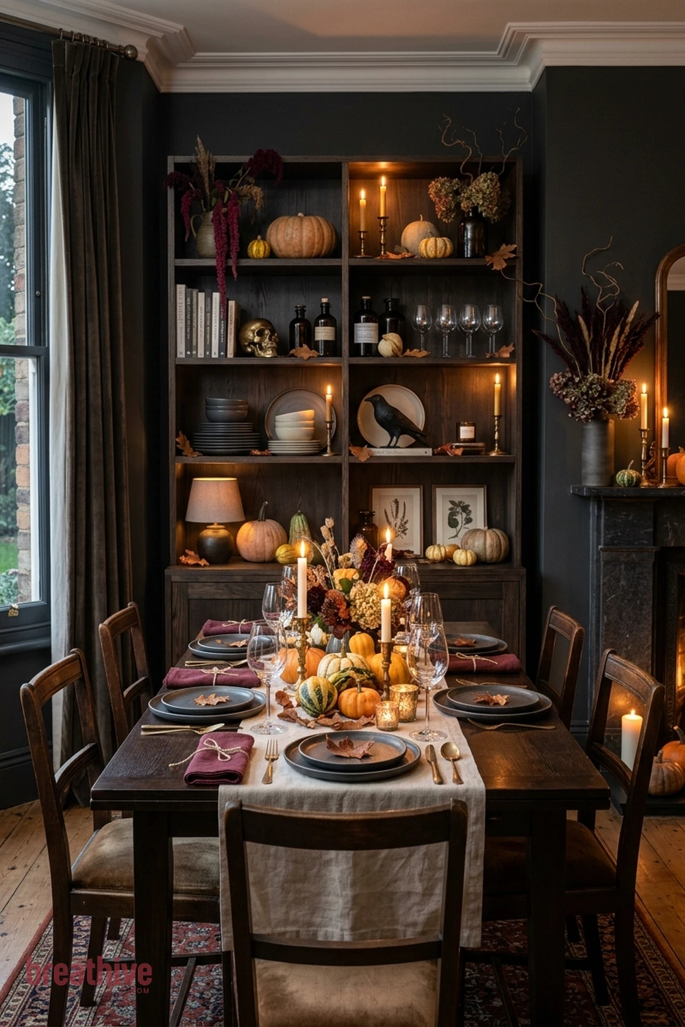 dinner party Halloween dining room idea with vertical storage or display area styled with seasonal pieces while remaining organized