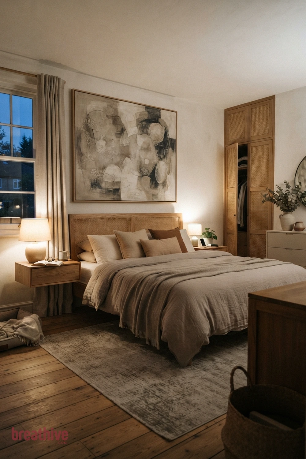 Use One Oversized Artwork Instead of Many Small Pieces in a thoughtful bedroom