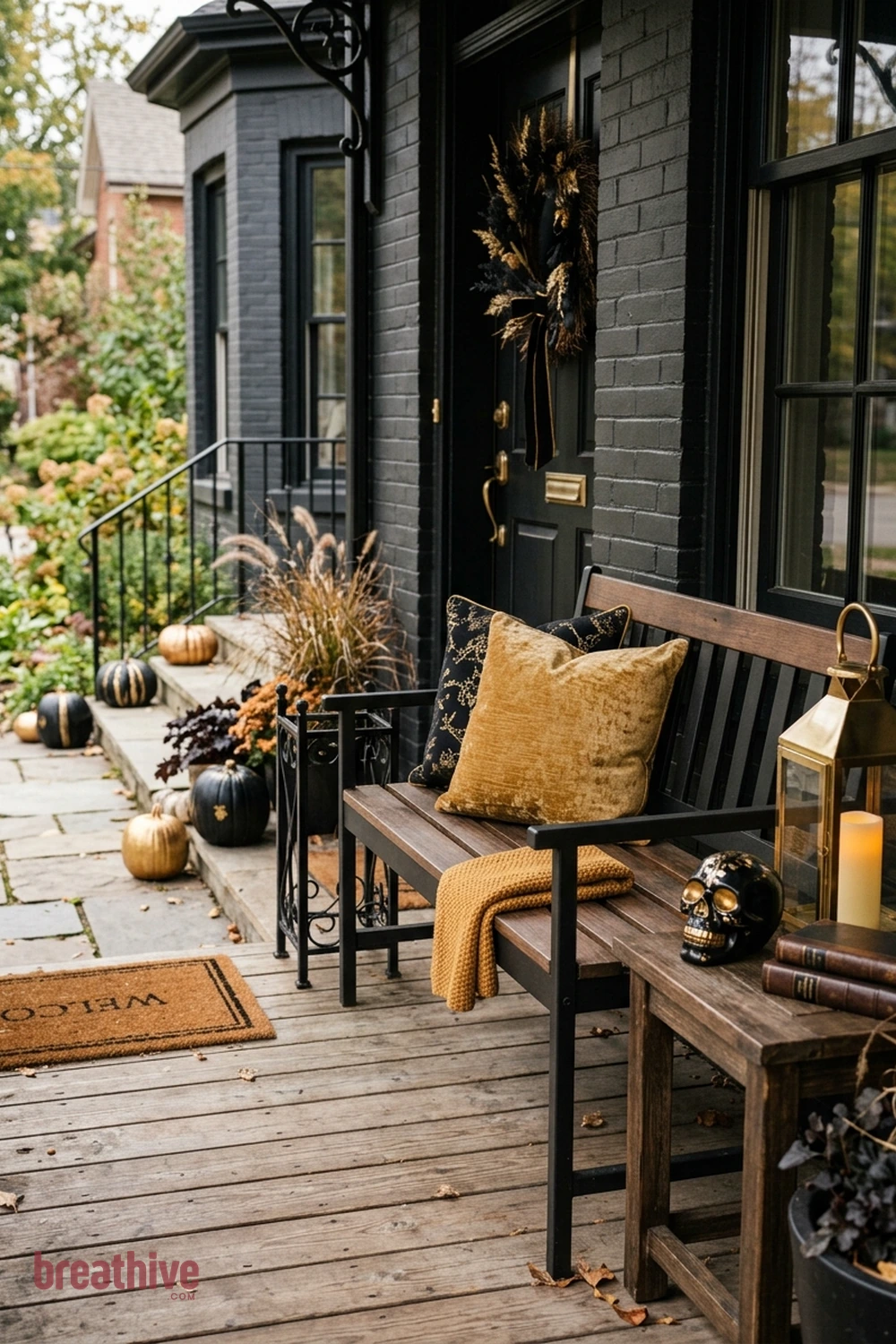 black and gold Halloween front porch idea with usable bench or chair corner with seasonal layers that do not crowd sitting space