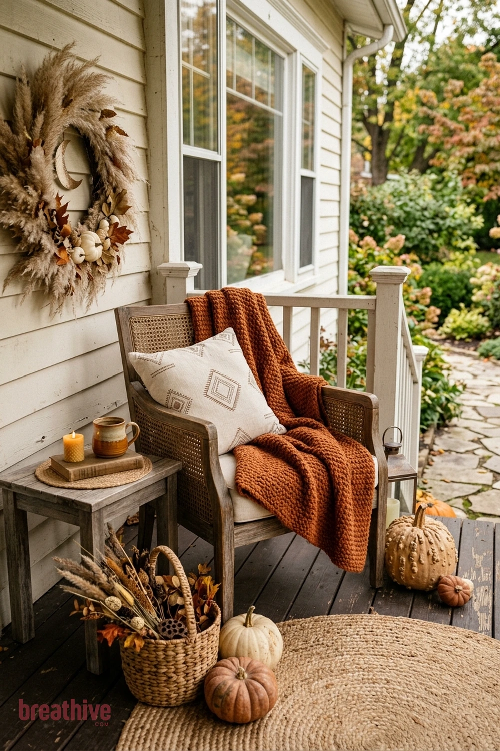 boho Halloween front porch idea with usable bench or chair corner with seasonal layers that do not crowd sitting space