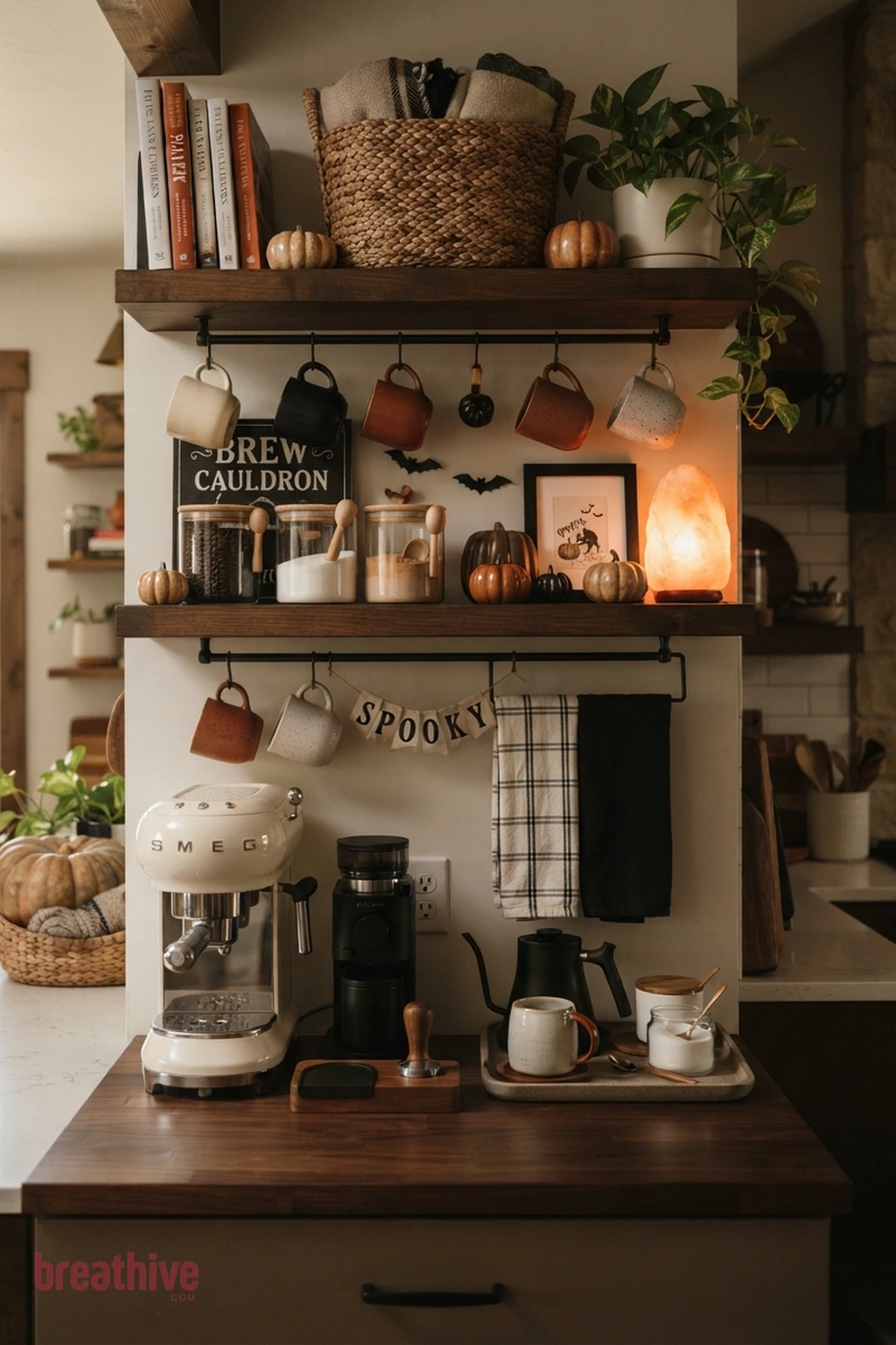 cozy coffee bar Halloween kitchen coffee station idea with vertical storage or display area styled with seasonal pieces while remaining organized
