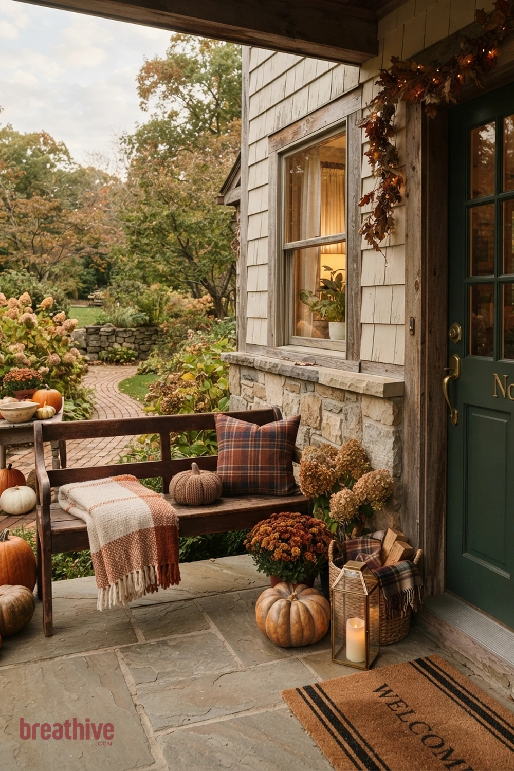 cozy Halloween front entry idea with usable bench or chair corner with seasonal layers that do not crowd sitting space