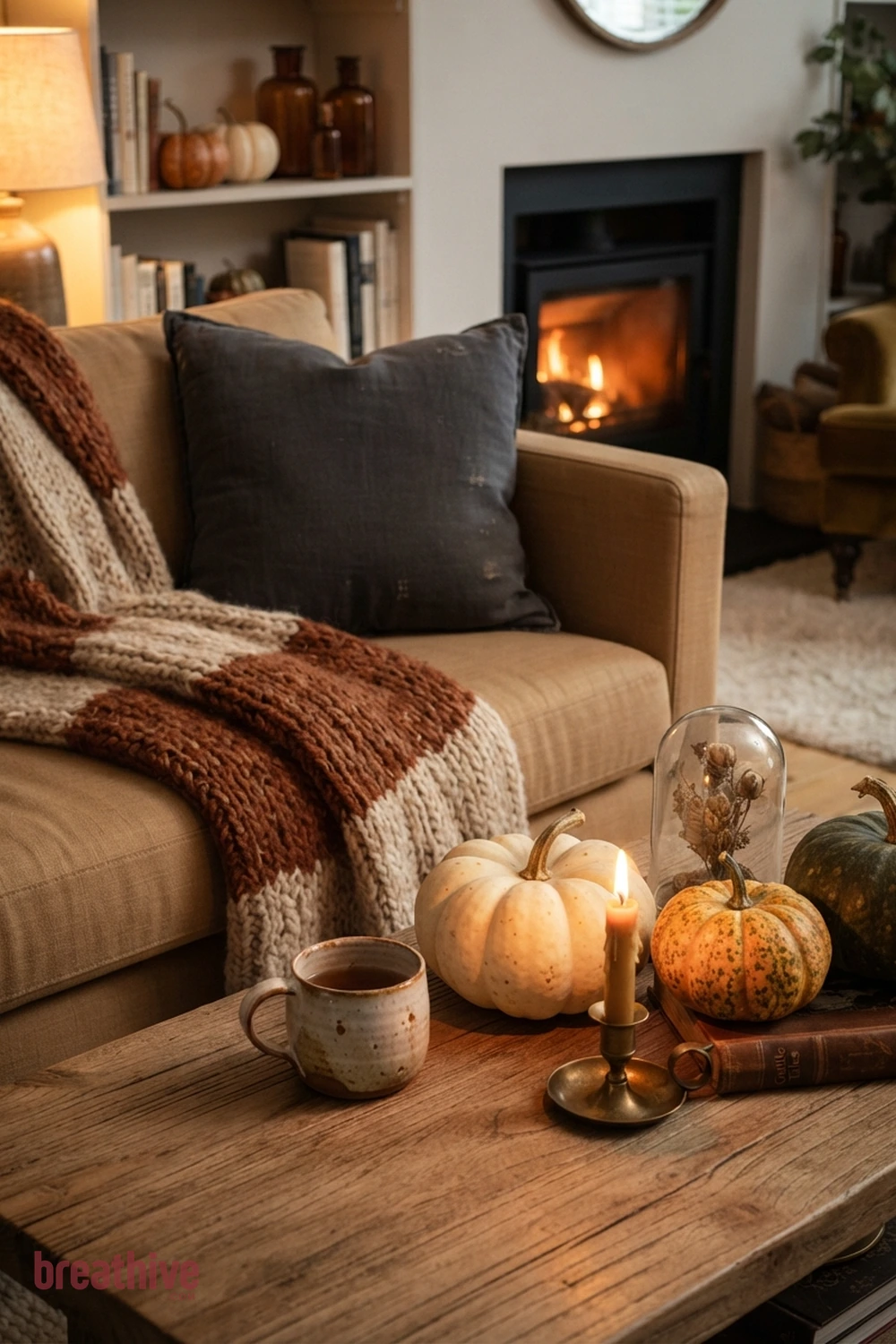 cozy Halloween living room idea with close-up of fabric, ceramic, glass, wood, metal, and seasonal surface detail
