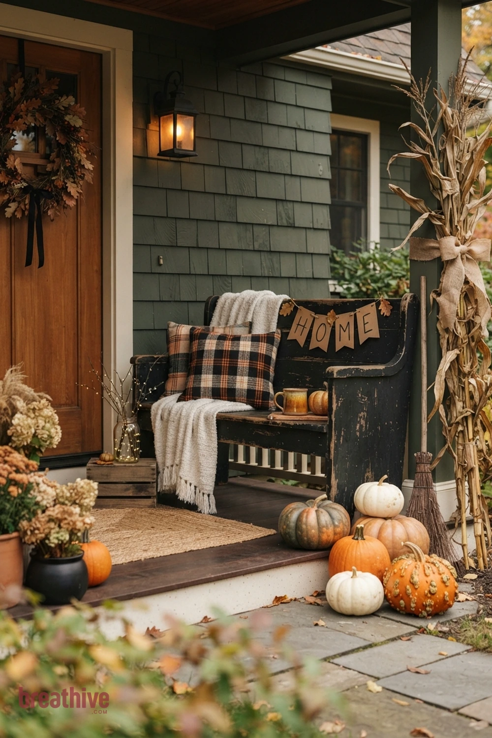 DIY polished Halloween front porch idea with usable bench or chair corner with seasonal layers that do not crowd sitting space