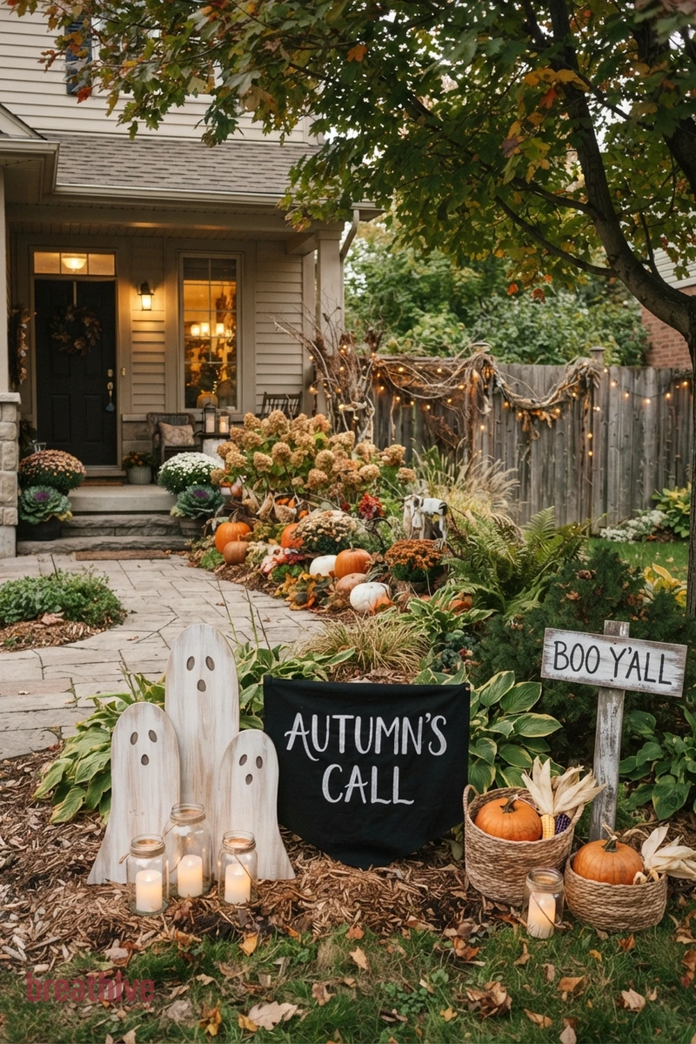 DIY outdoor Halloween front yard idea with garden bed, tree, fence, or lawn edge with seasonal decor integrated into existing landscape