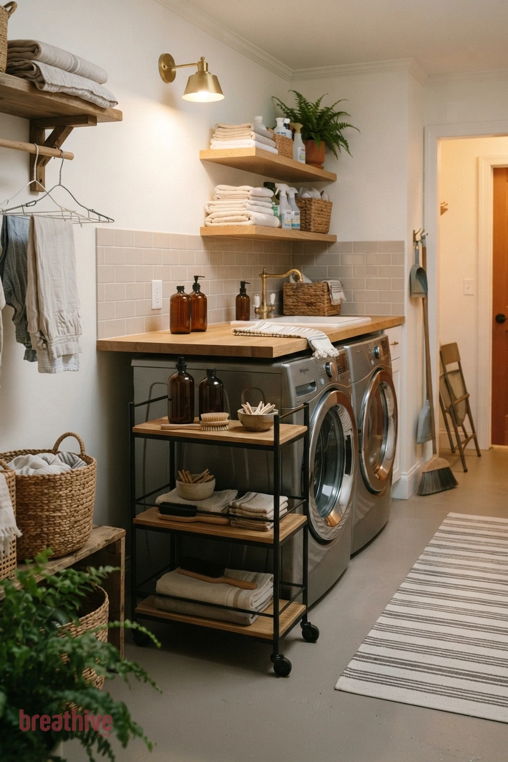 Add a Narrow Rolling Cart Beside the Washer in a thoughtful laundry room