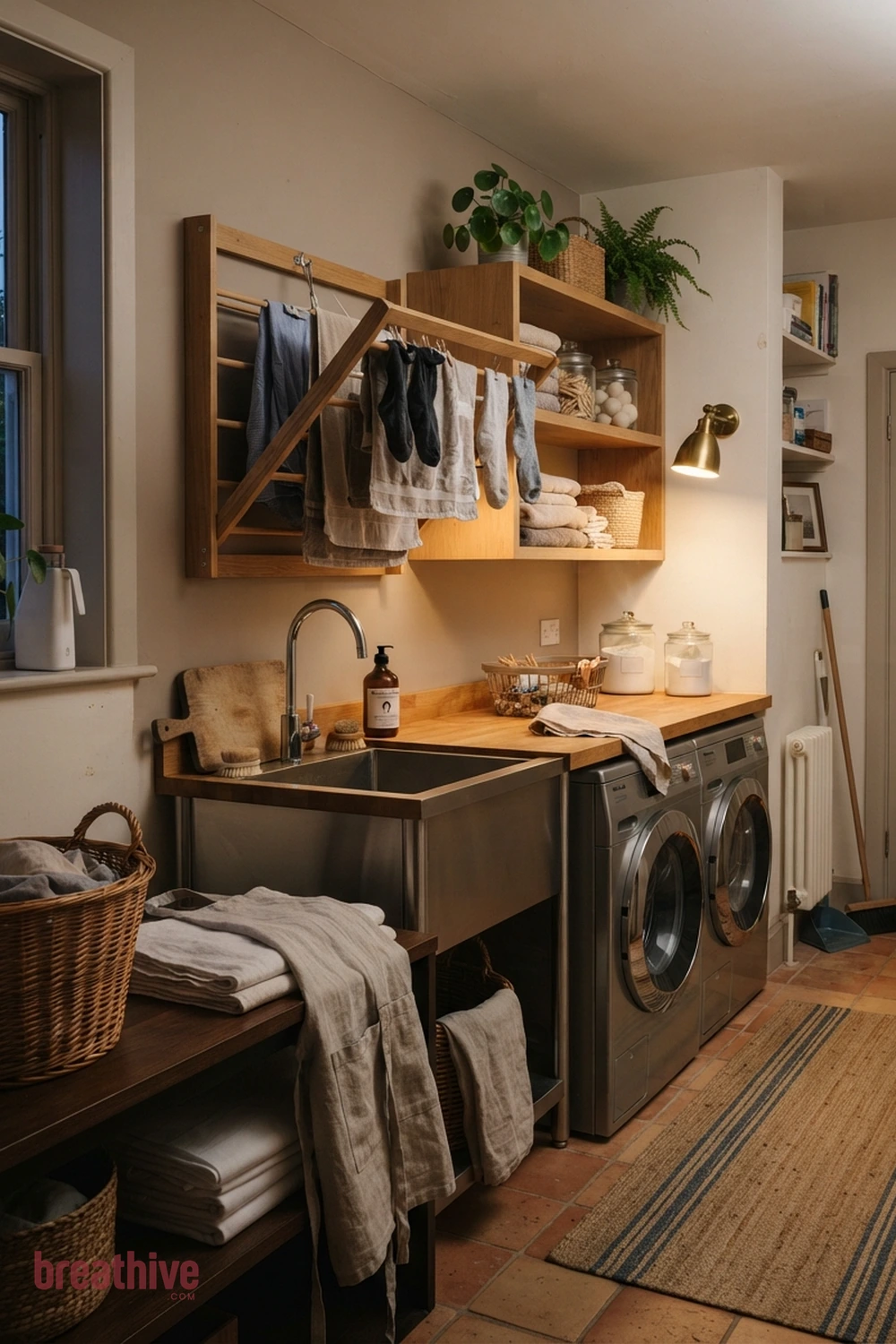Use a Fold-Down Drying Rack in a thoughtful laundry room