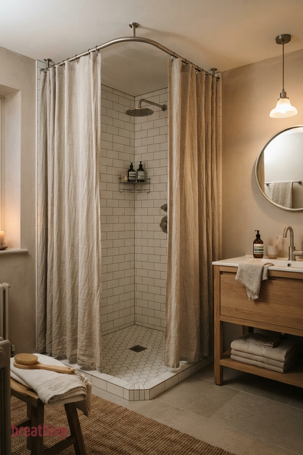 Use a Shower Curtain Track at Ceiling Height in a thoughtful bathroom