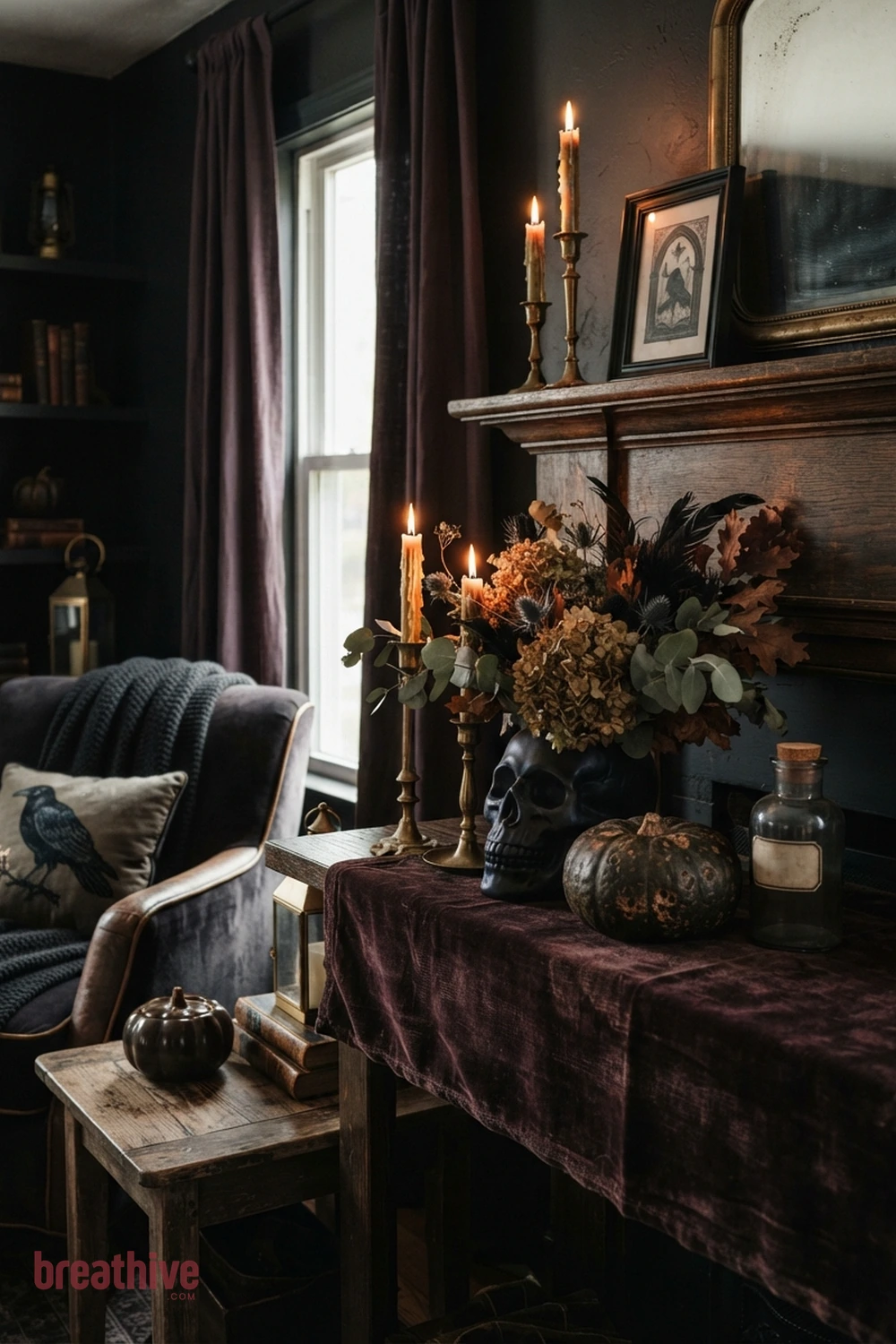 gothic Halloween living room idea with close-up of fabric, ceramic, glass, wood, metal, and seasonal surface detail