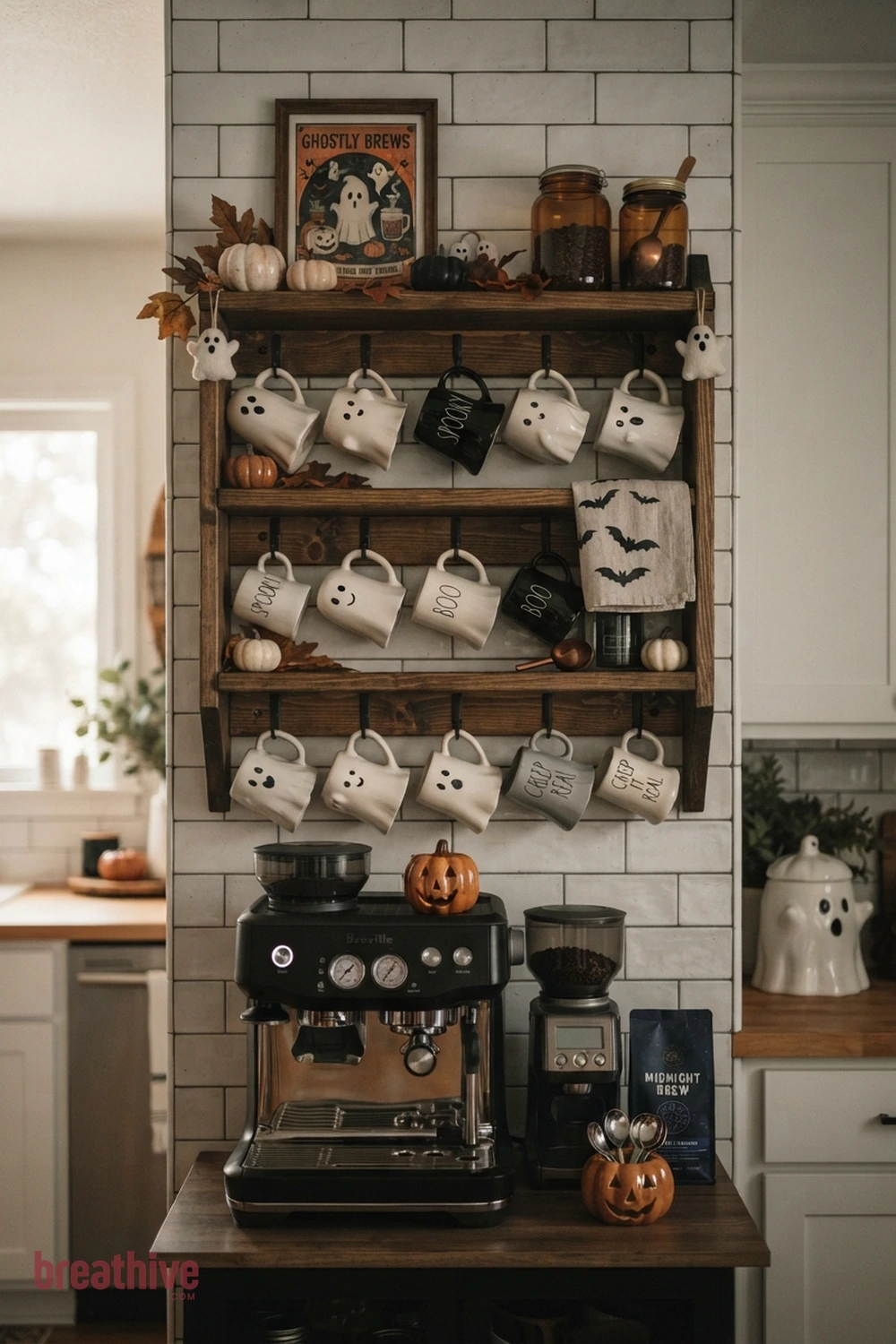 ghost mug collection Halloween kitchen coffee station idea with vertical storage or display area styled with seasonal pieces while remaining organized