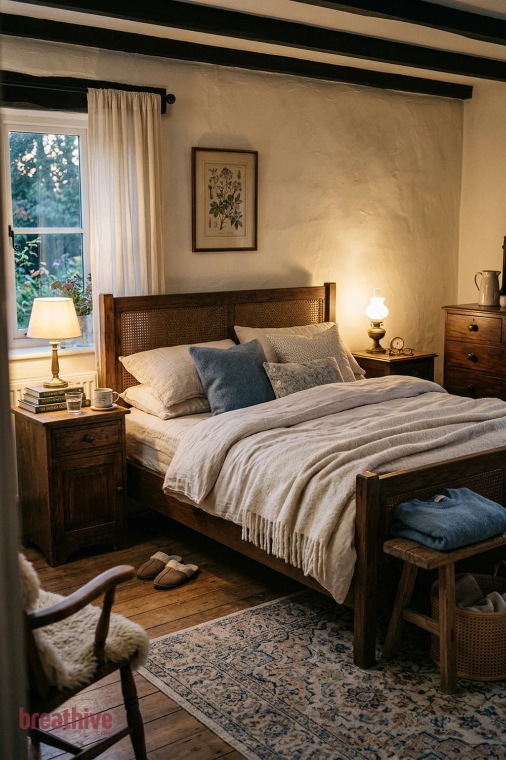 Balance Dark Furniture With Pale Textiles in a cottage bedroom