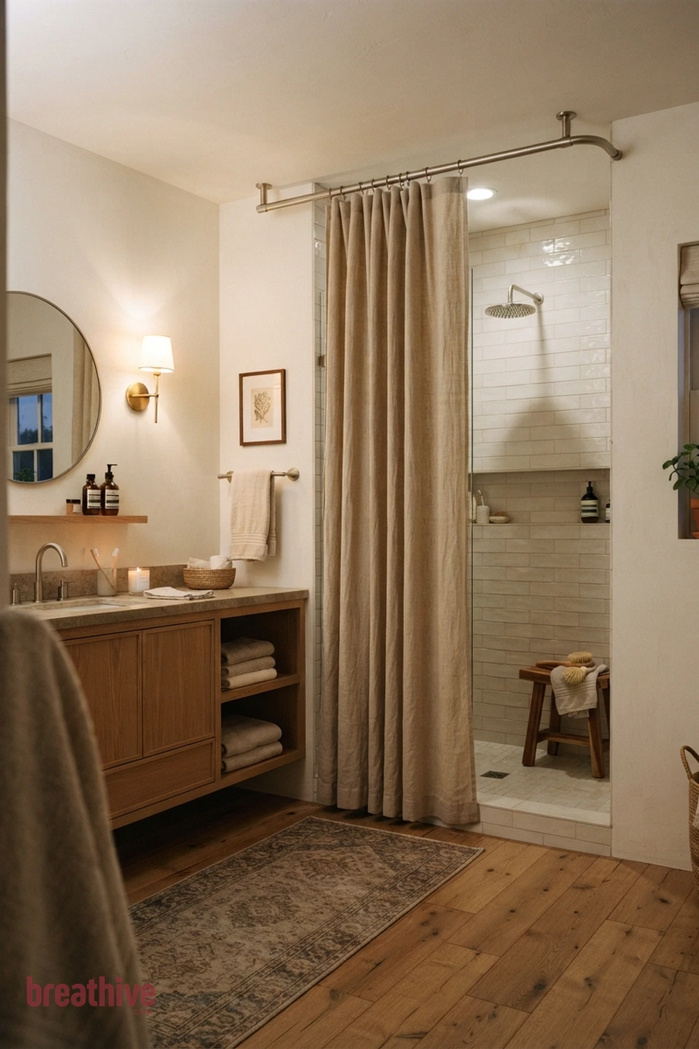 Use a Shower Curtain Track at Ceiling Height in a thoughtful bathroom