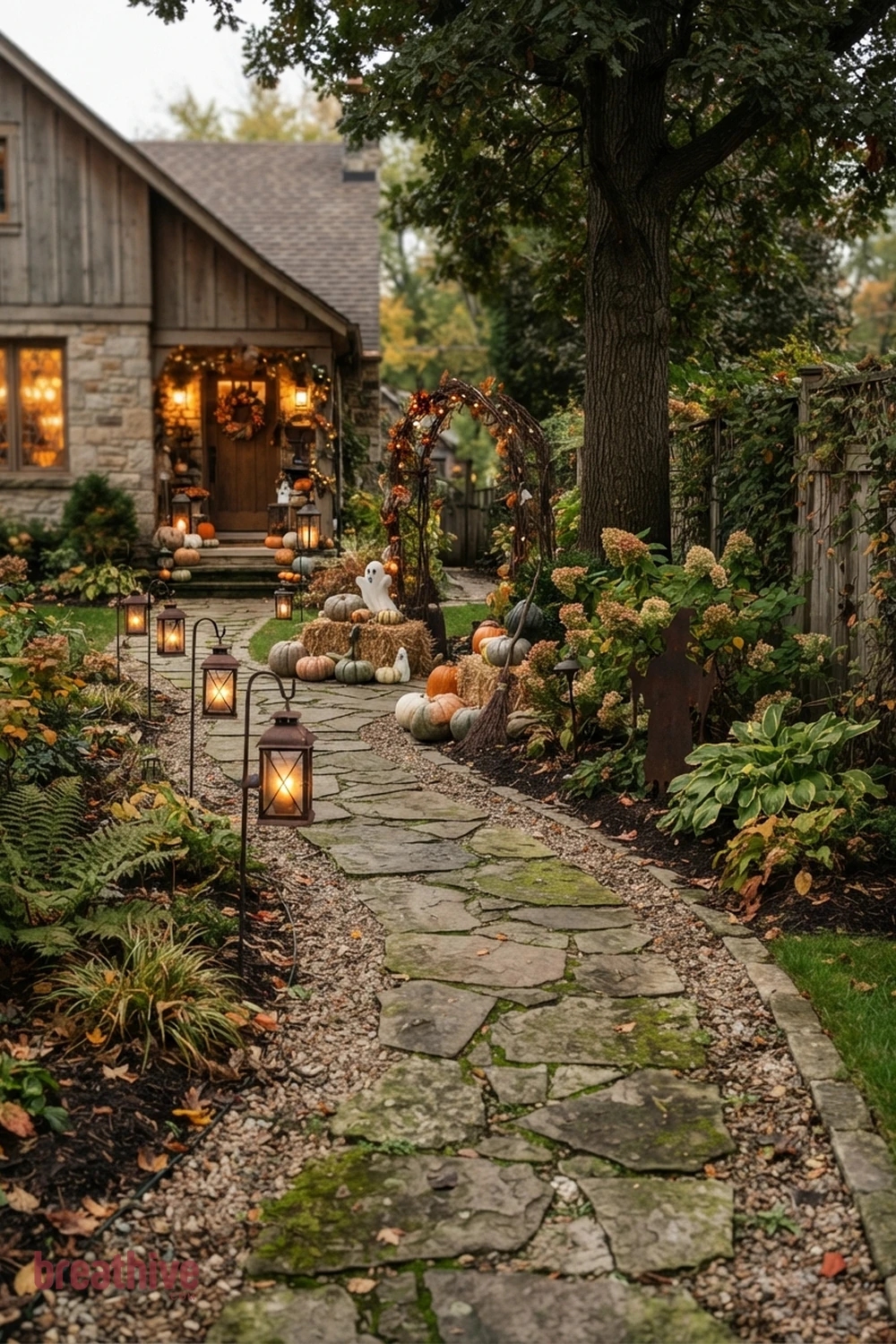path lighting Halloween garden pathway idea with garden bed, tree, fence, or lawn edge with seasonal decor integrated into existing landscape
