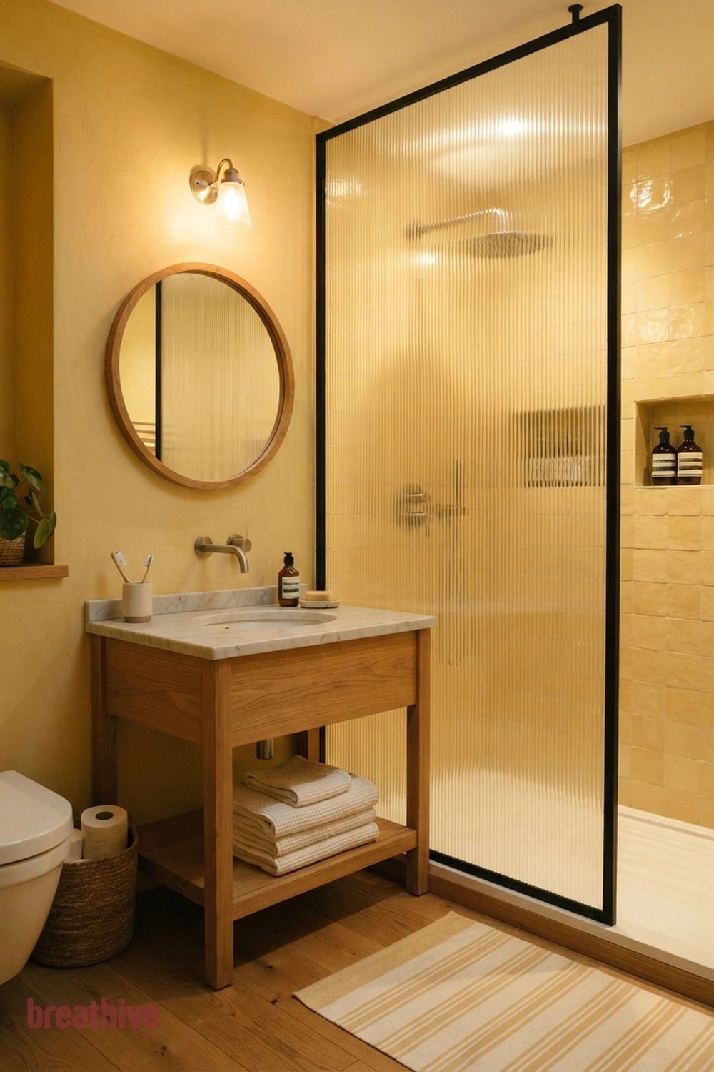 Use Ribbed Glass for Privacy and Light in a yellow bathroom