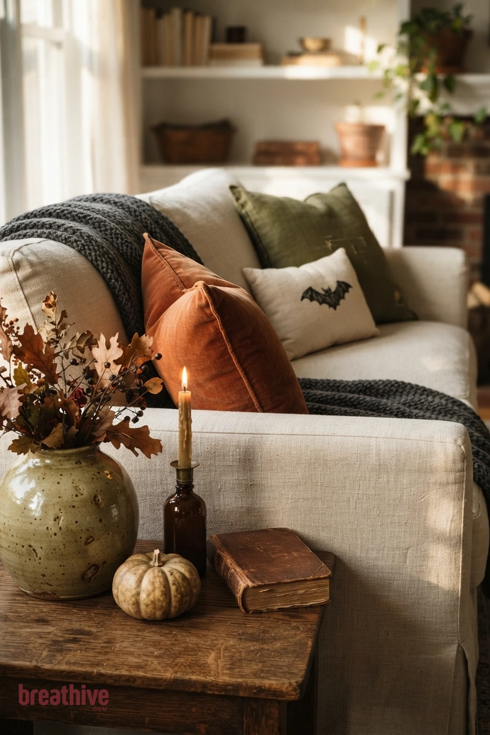 sofa-focused Halloween living room idea with close-up of fabric, ceramic, glass, wood, metal, and seasonal surface detail
