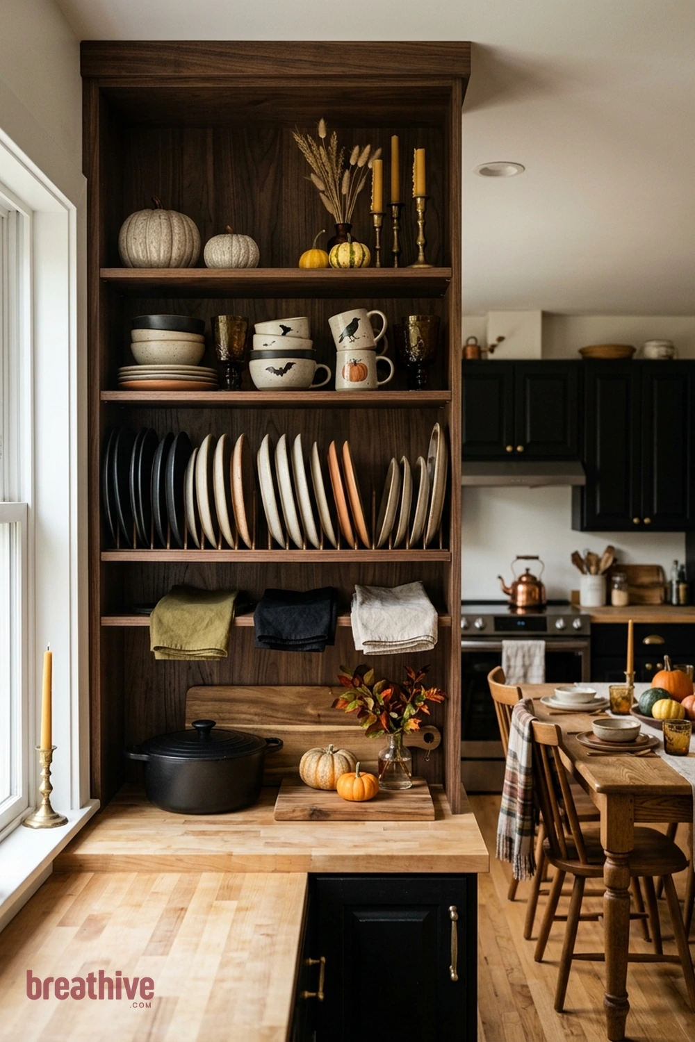 dishware display Halloween kitchen and dining room idea with vertical storage or display area styled with seasonal pieces while remaining organized