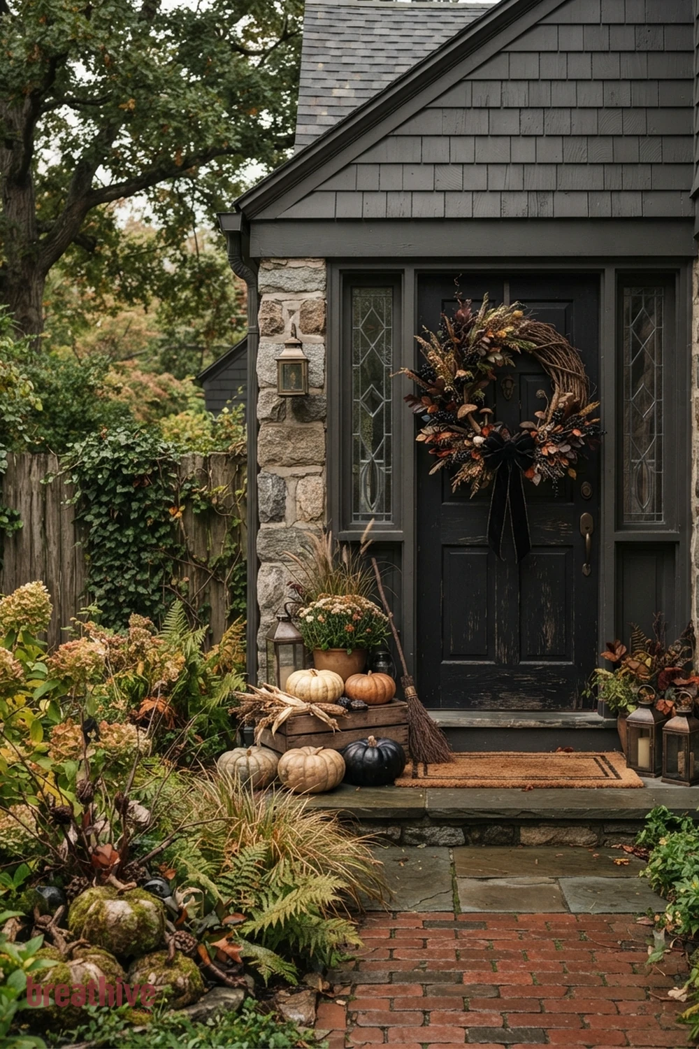 wreath-focused Halloween front door exterior idea with garden bed, tree, fence, or lawn edge with seasonal decor integrated into existing landscape