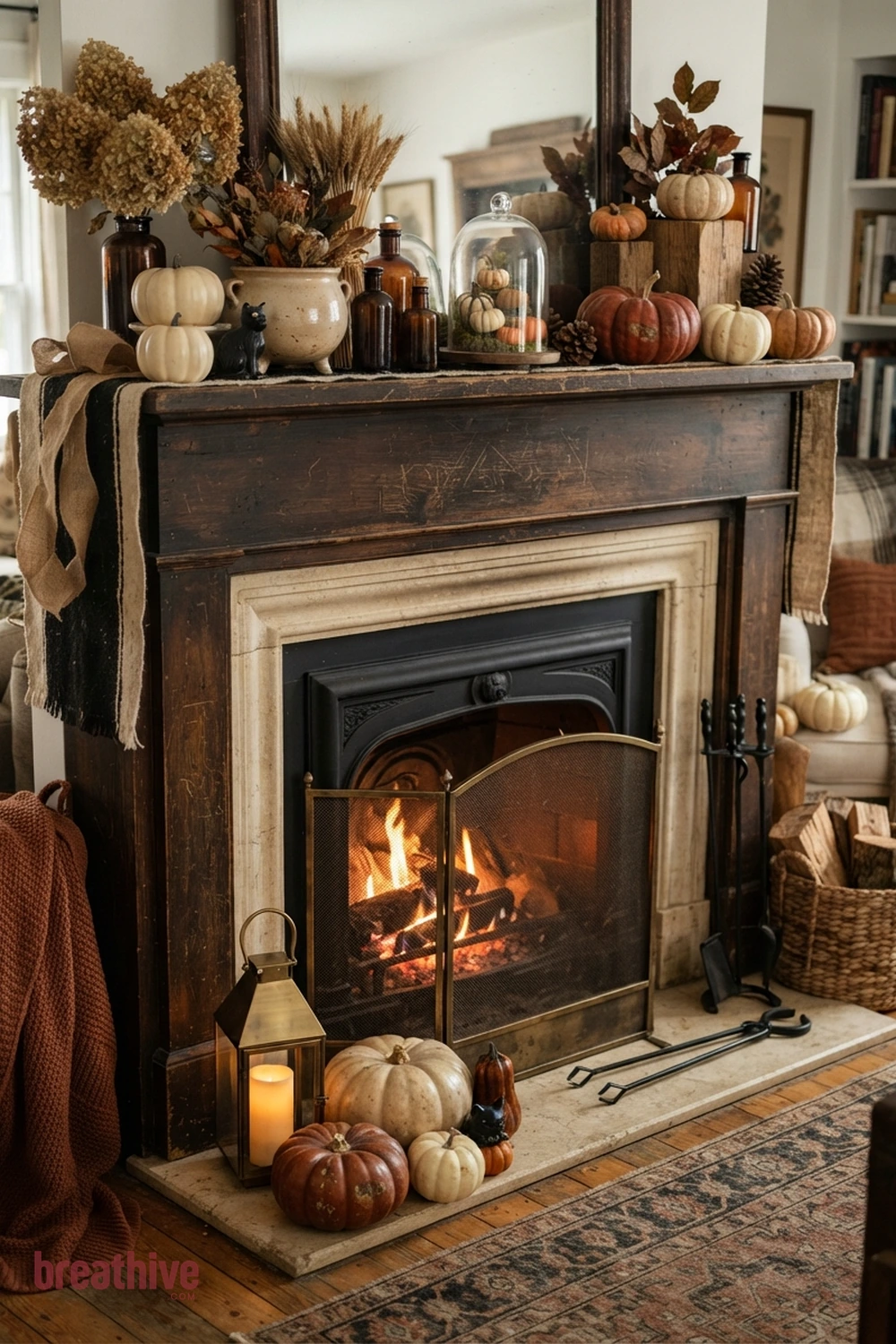 mantel-focused Halloween living room fireplace idea with close-up of fabric, ceramic, glass, wood, metal, and seasonal surface detail