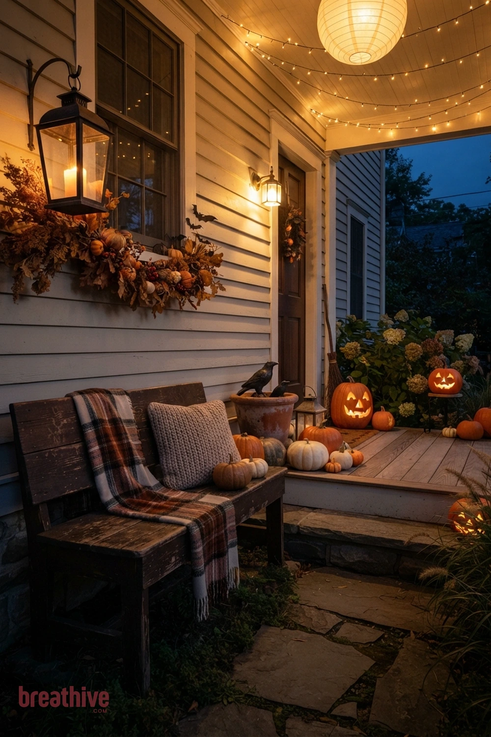lighting-focused Halloween front porch idea with usable bench or chair corner with seasonal layers that do not crowd sitting space