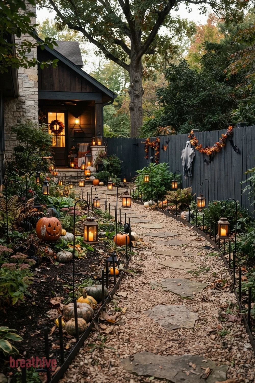 wayfinding Halloween garden pathway idea with garden bed, tree, fence, or lawn edge with seasonal decor integrated into existing landscape