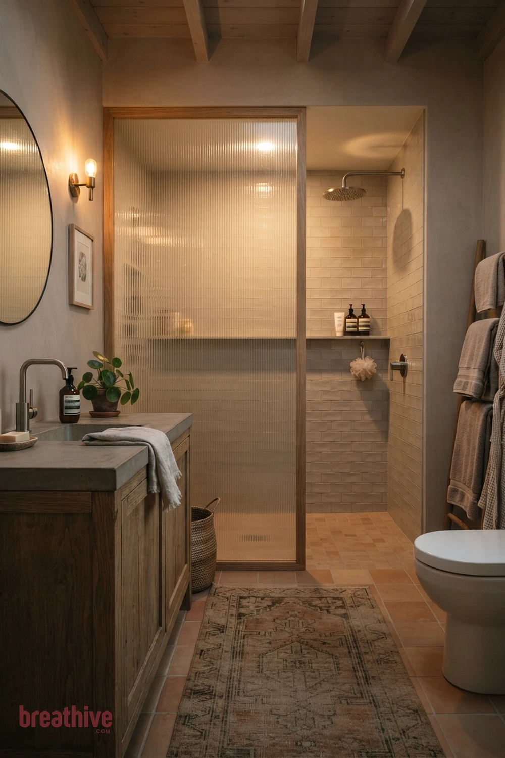 Use Ribbed Glass for Privacy and Light in a thoughtful bathroom