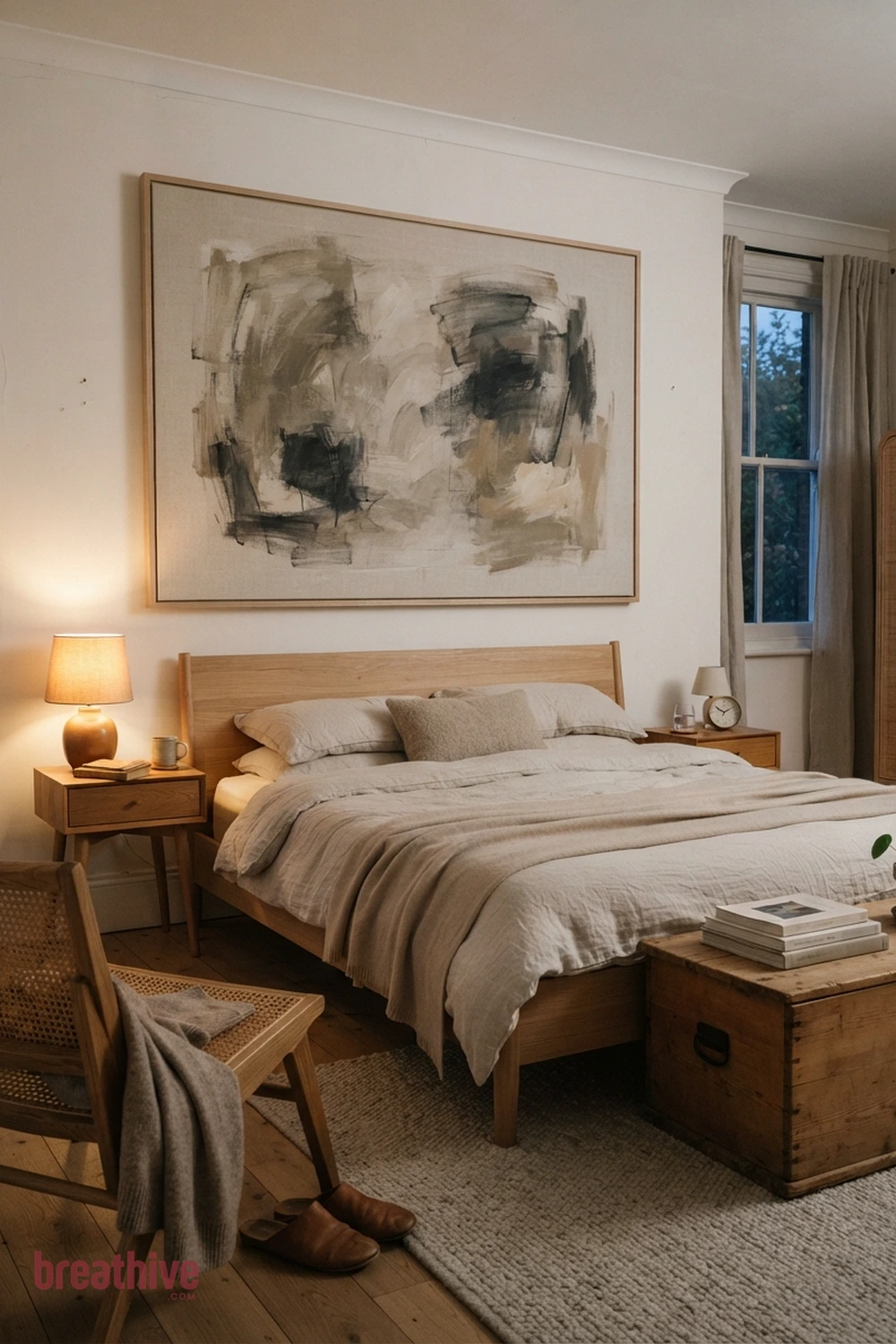 Use One Oversized Artwork Instead of Many Small Pieces in a minimalist bedroom