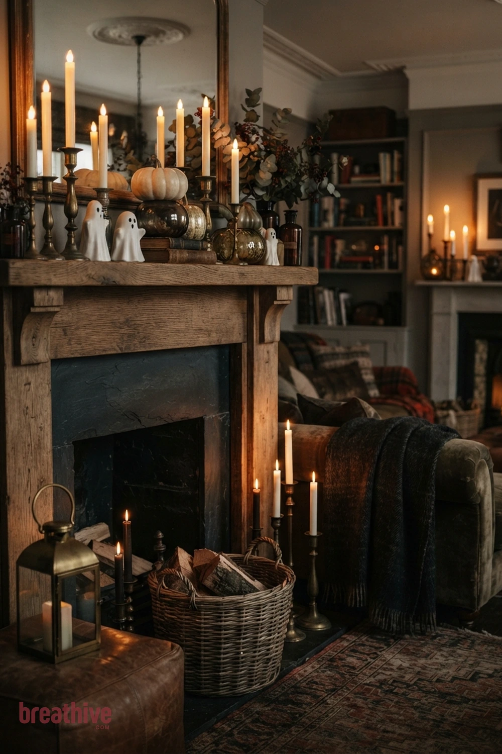 candlelit Halloween living room idea with close-up of fabric, ceramic, glass, wood, metal, and seasonal surface detail