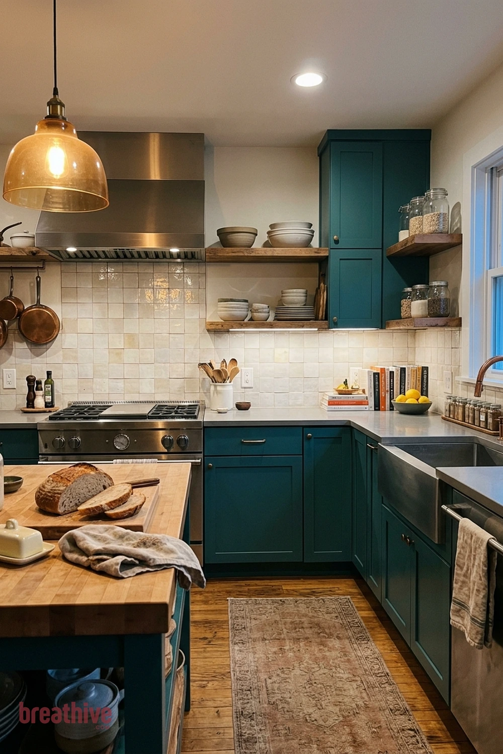 Deep Teal With Soft Gray in a thoughtful kitchen