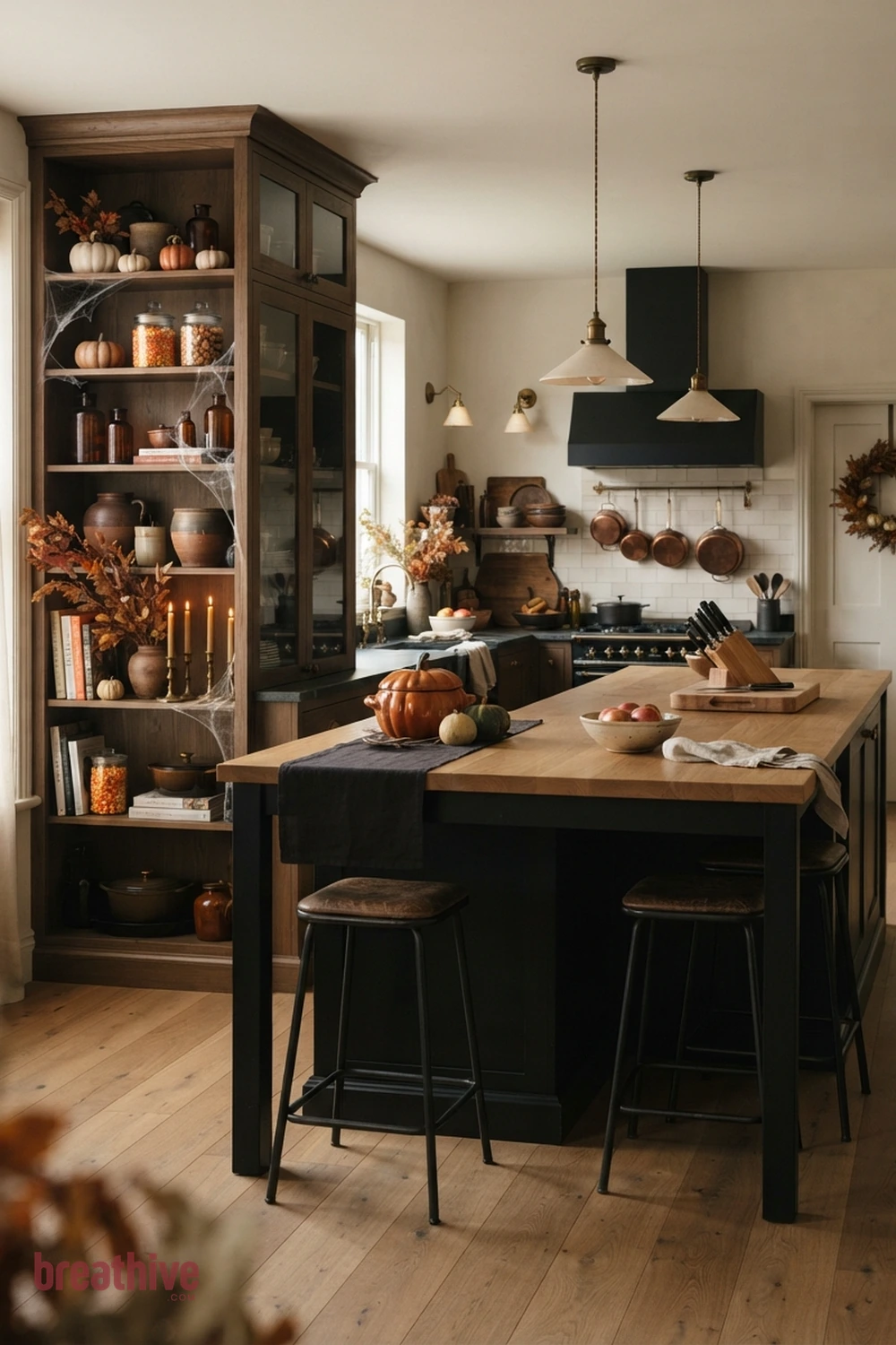 island-focused Halloween kitchen idea with vertical storage or display area styled with seasonal pieces while remaining organized
