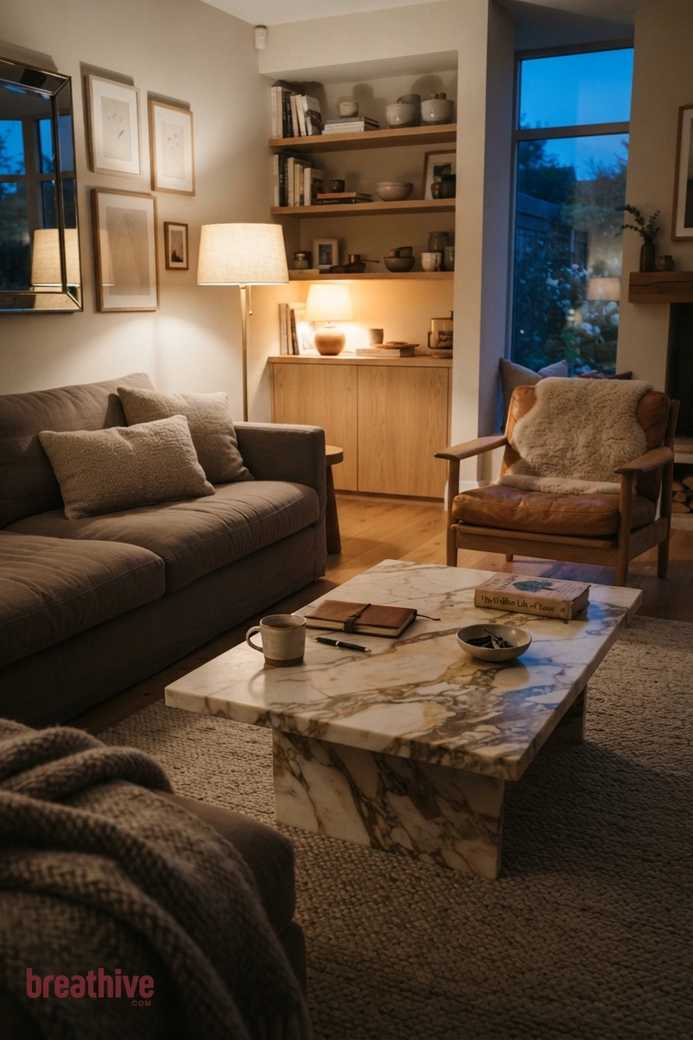 Marble Table With Warm Veining in a thoughtful living room