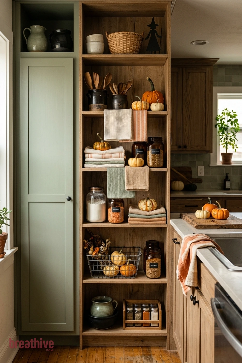 textile accent Halloween kitchen idea with vertical storage or display area styled with seasonal pieces while remaining organized