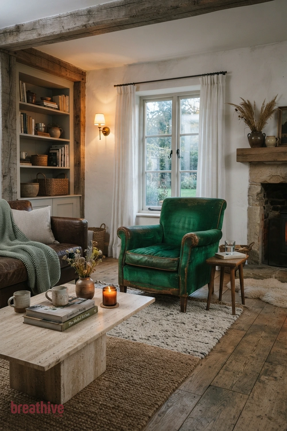 Let One Chair Introduce Color in a farmhouse living room