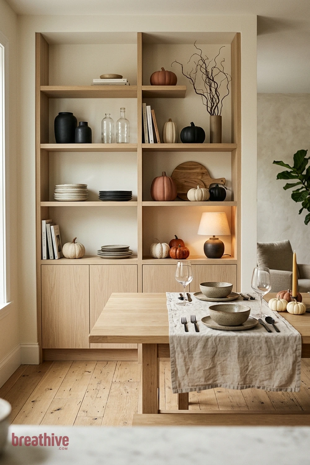 minimalist dining Halloween dining room idea with vertical storage or display area styled with seasonal pieces while remaining organized