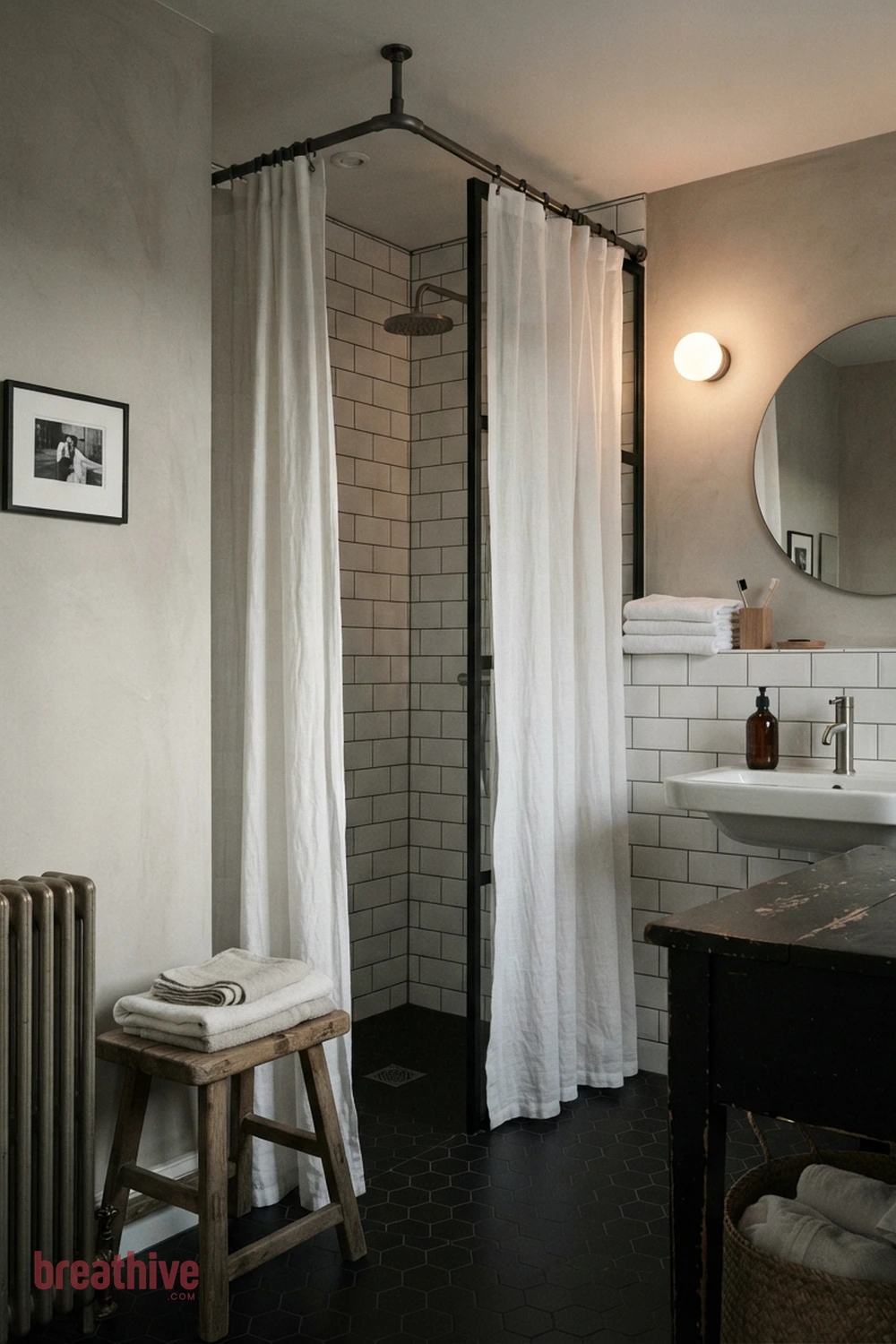 Use a Shower Curtain Track at Ceiling Height in a black and white bathroom