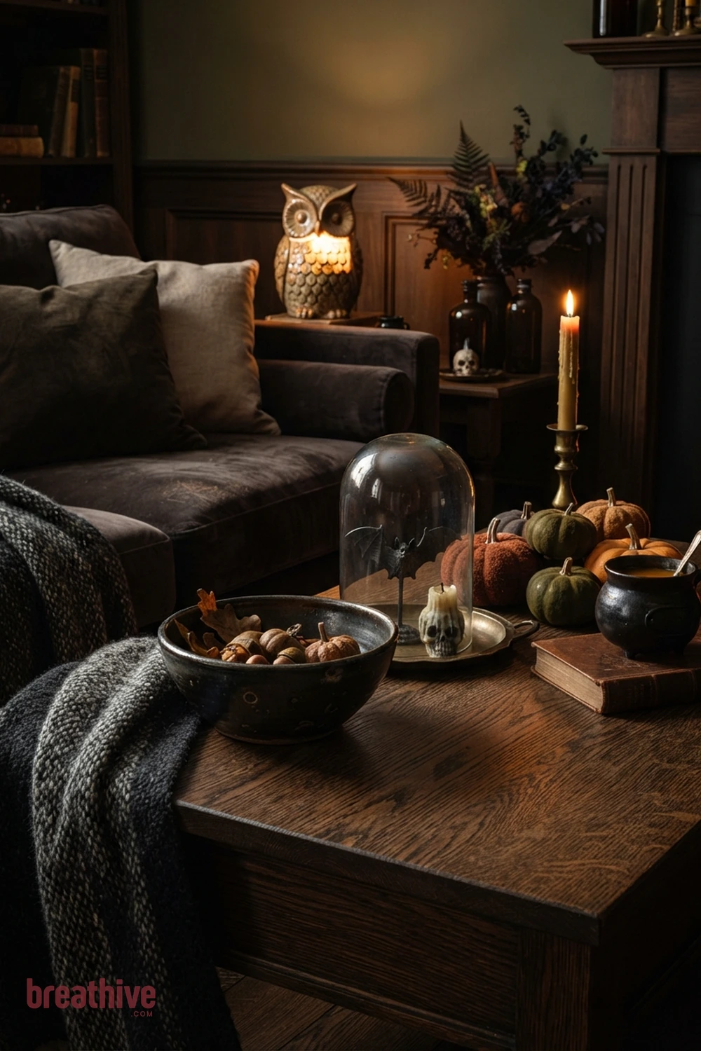 moody Halloween living room idea with close-up of fabric, ceramic, glass, wood, metal, and seasonal surface detail