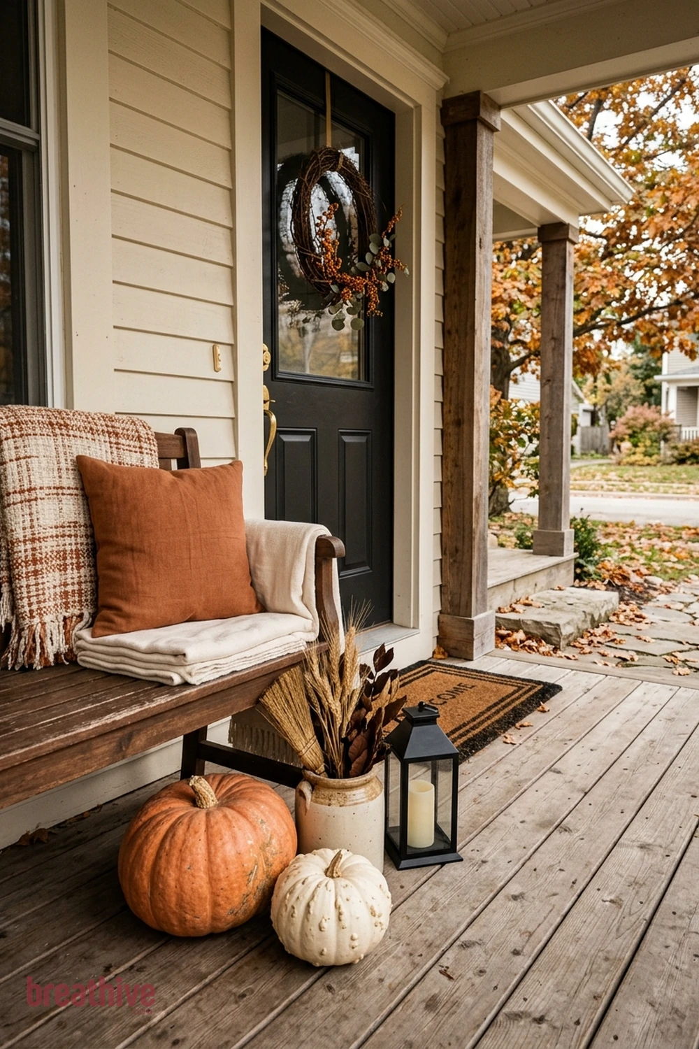 minimalist Halloween front porch idea with usable bench or chair corner with seasonal layers that do not crowd sitting space