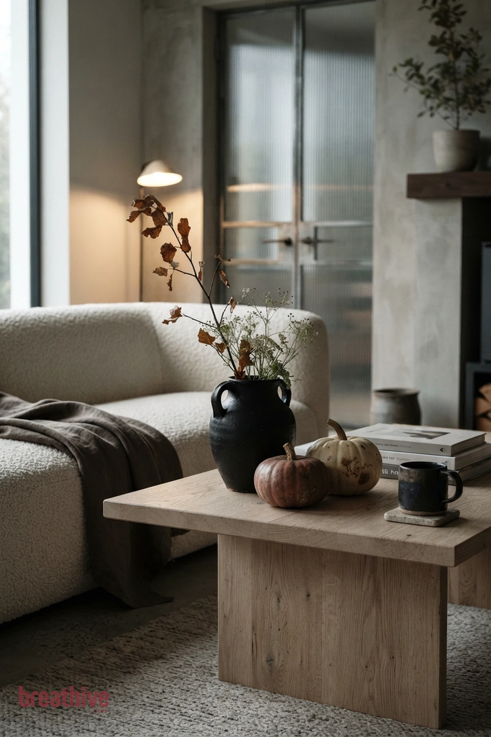 modern minimalist Halloween living room idea with close-up of fabric, ceramic, glass, wood, metal, and seasonal surface detail